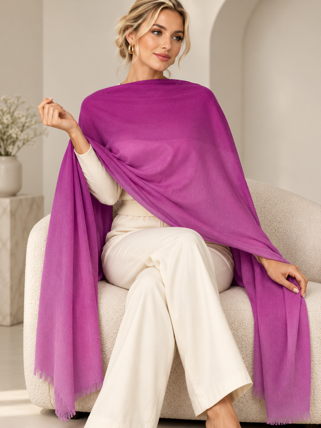 A woman seated on a cream upholstered chair wearing a bright magenta-purple shawl draped over her shoulders, paired with cream pants, in a softly lit indoor setting.