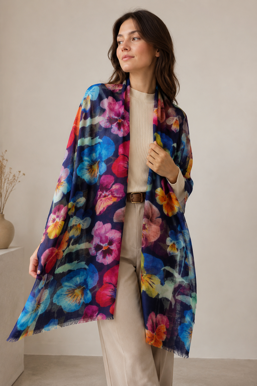 Floral fine wool scarf