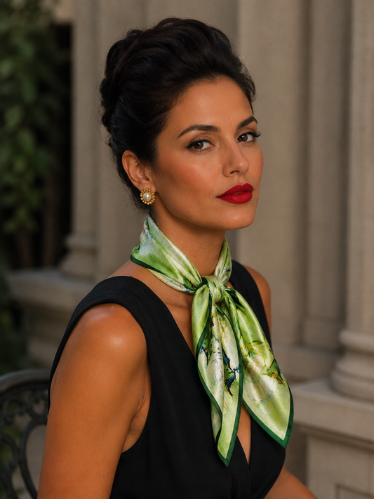 A woman wearing a green silk scarf with a botanical print tied around her neck, paired with a black sleeveless top, posed in front of a classical stone column background.