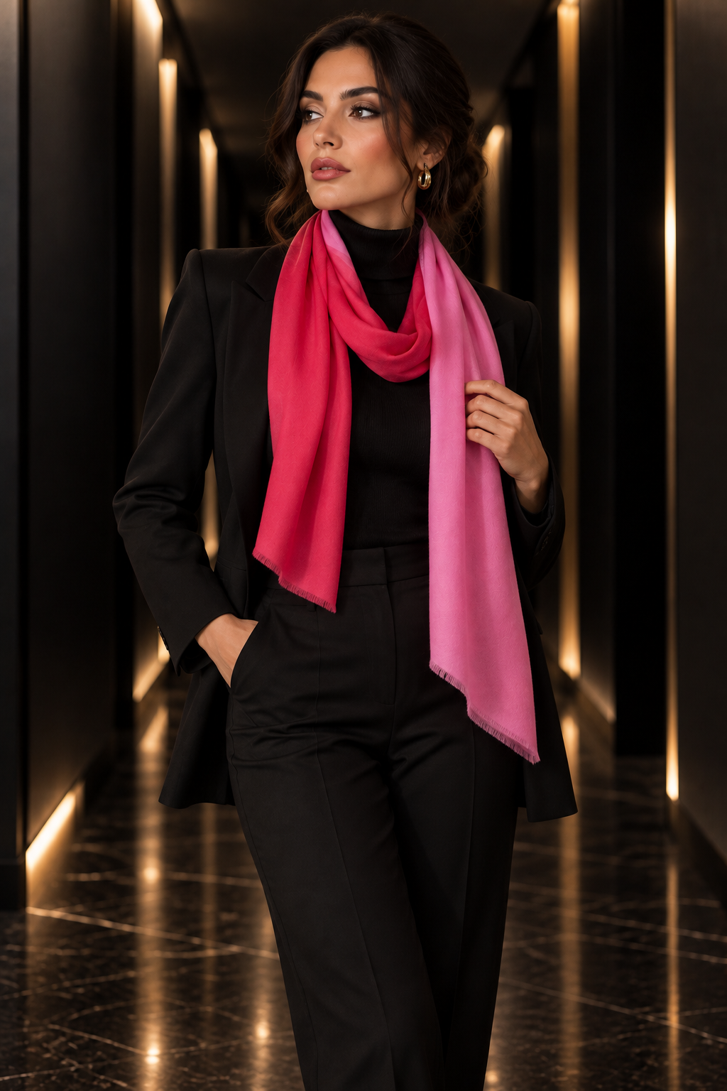 A woman in a black blazer and trousers wears a bright pink scarf with a gradient from magenta to light pink, standing in a modern hallway with warm lighting.