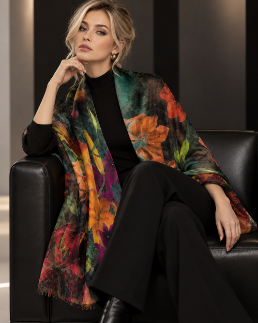 A woman seated on a black leather chair wearing a black outfit and a floral shawl with large multicolored flowers in orange, red, green, purple, and yellow over a black top and trousers.