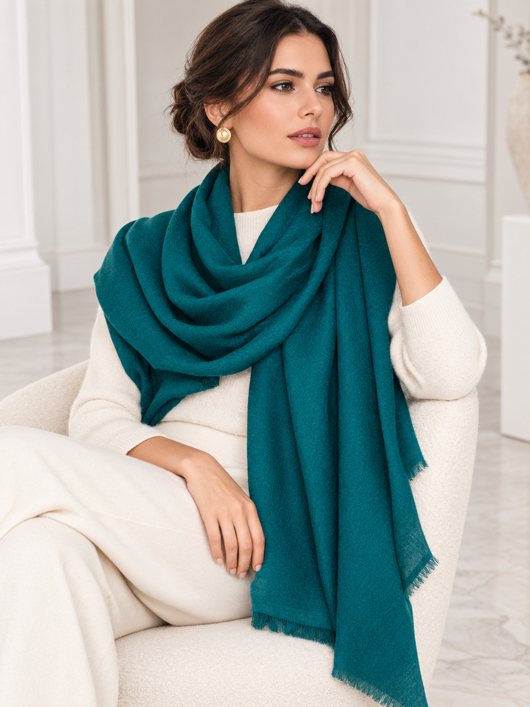 A woman wearing a cream-colored knit sweater and trousers sits on a cream armchair, draped with a large teal green shawl scarf with fringed edges.