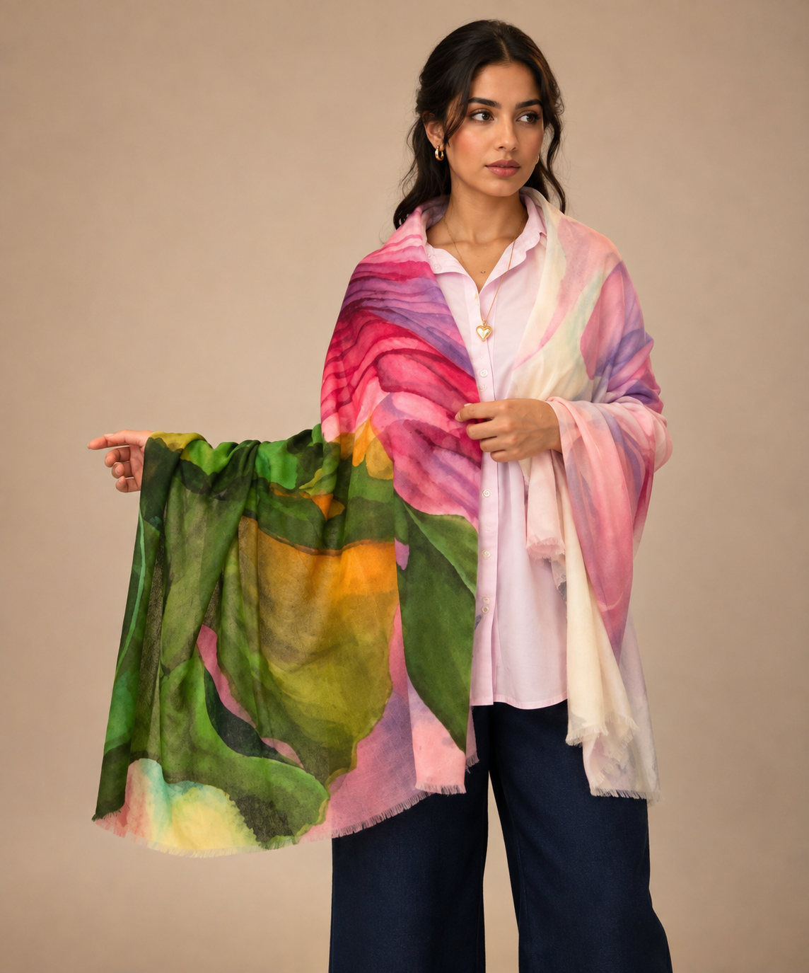 A woman modeling a lightweight multicolor shawl with abstract watercolor-like patterns in pink, green, yellow, and purple, worn over a light pink blouse and dark blue pants against a plain beige studio background.