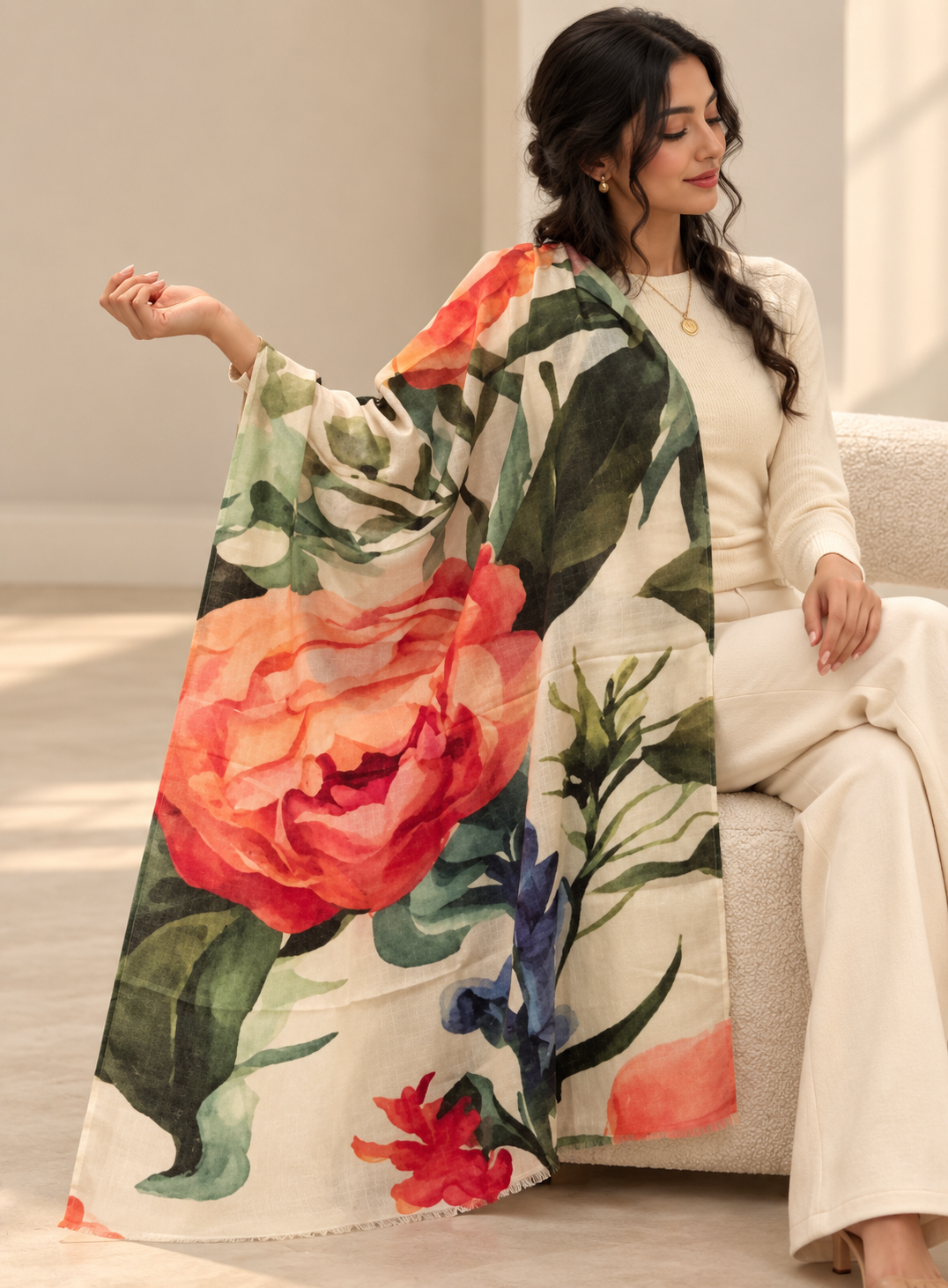 A woman seated on a light beige sofa wearing a cream-colored outfit and holding a large floral shawl with oversized watercolor-style flowers in coral, red, green, blue, and cream.
