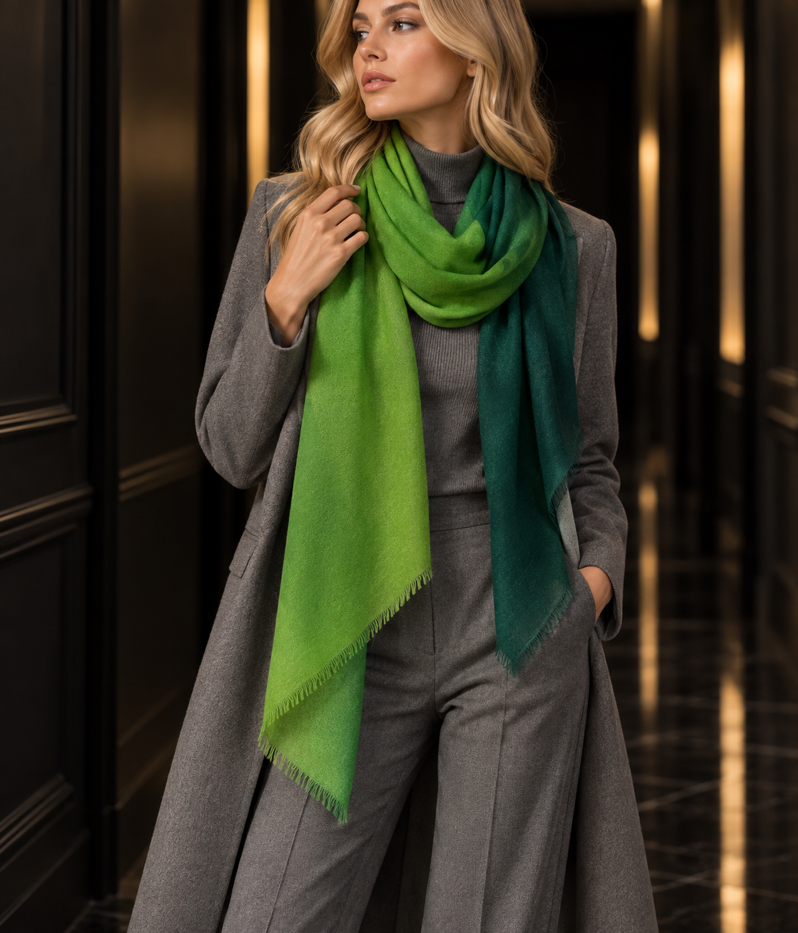 A woman wearing a gray suit and coat models a vibrant green gradient scarf with fringed edges in a dark, elegant hallway.