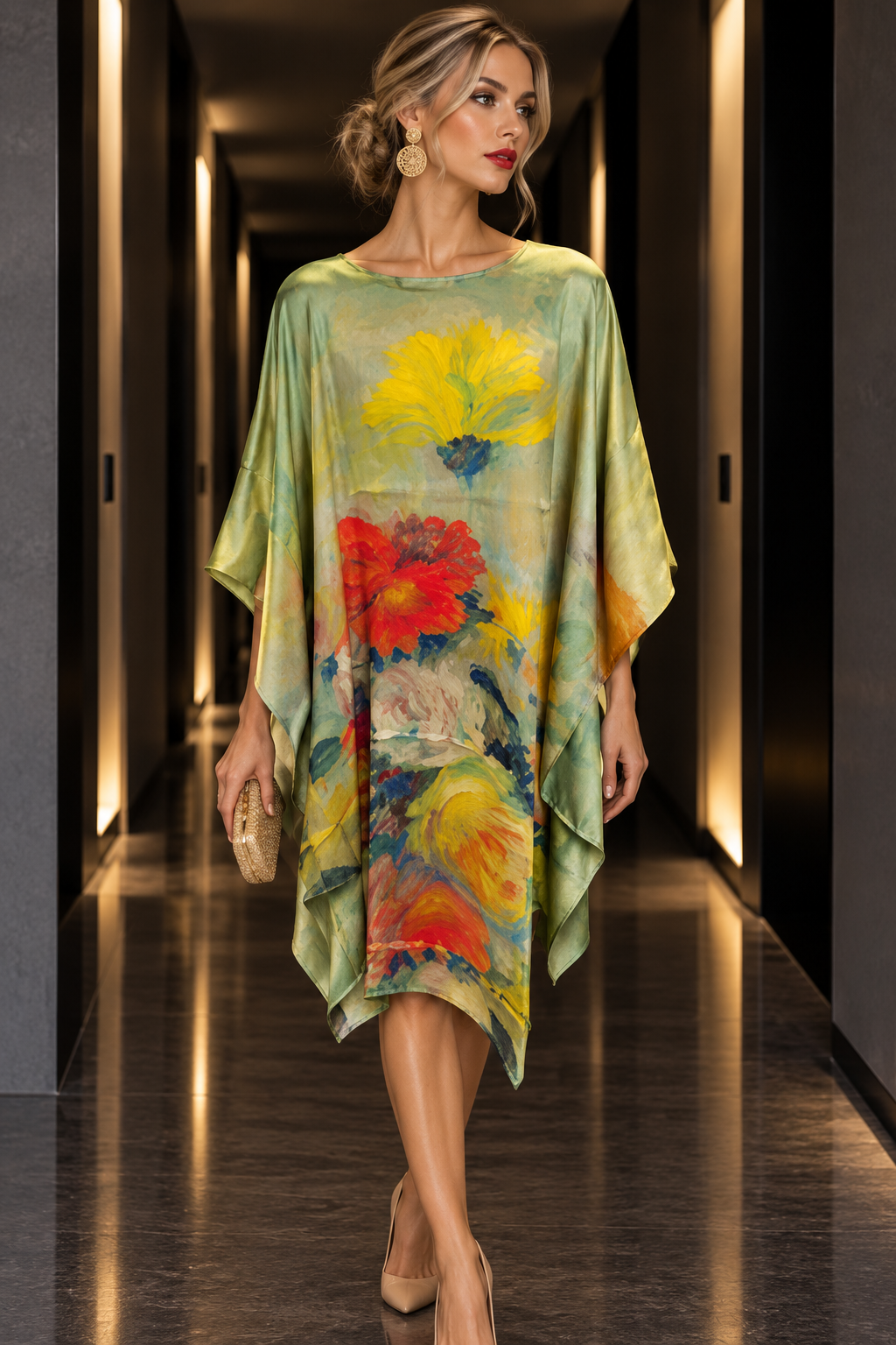 A woman walks down a modern hallway wearing a loose, flowy silk tunic with a large colorful floral print in yellow, red, blue, and green tones.