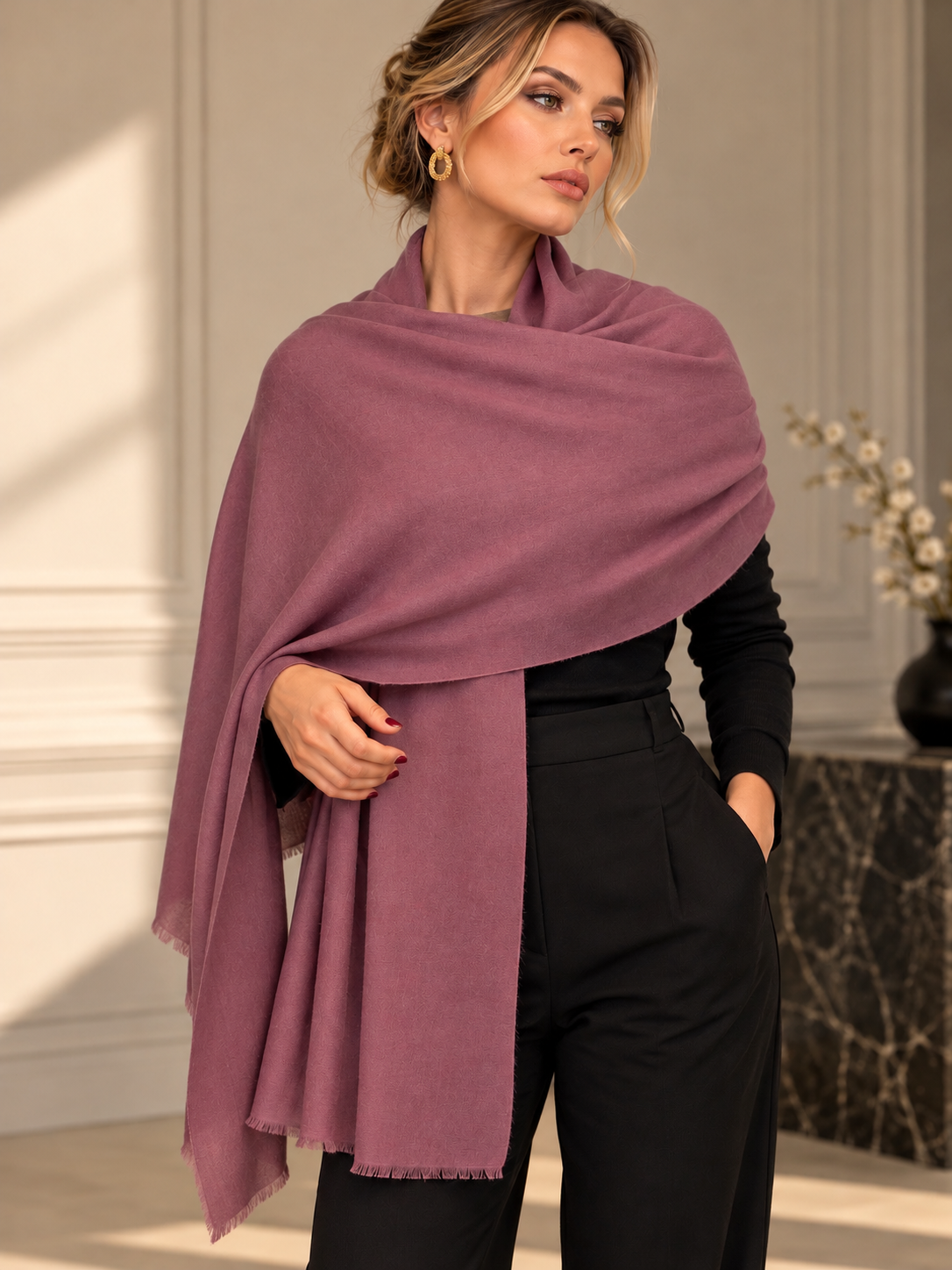 A woman models a dusty mauve shawl draped over her shoulders, paired with a black long-sleeve top and black trousers in an elegant indoor setting.