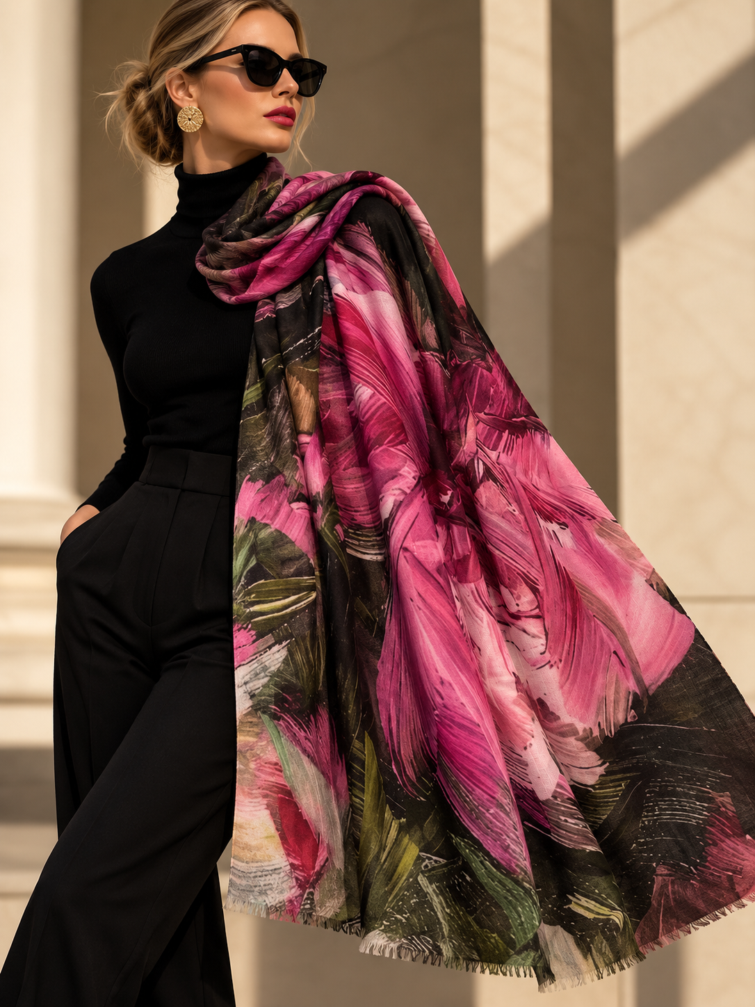 A woman wearing a black turtleneck and black trousers models a large, vibrant floral scarf with pink, green, and black brushstroke patterns in an outdoor setting with warm sunlight.