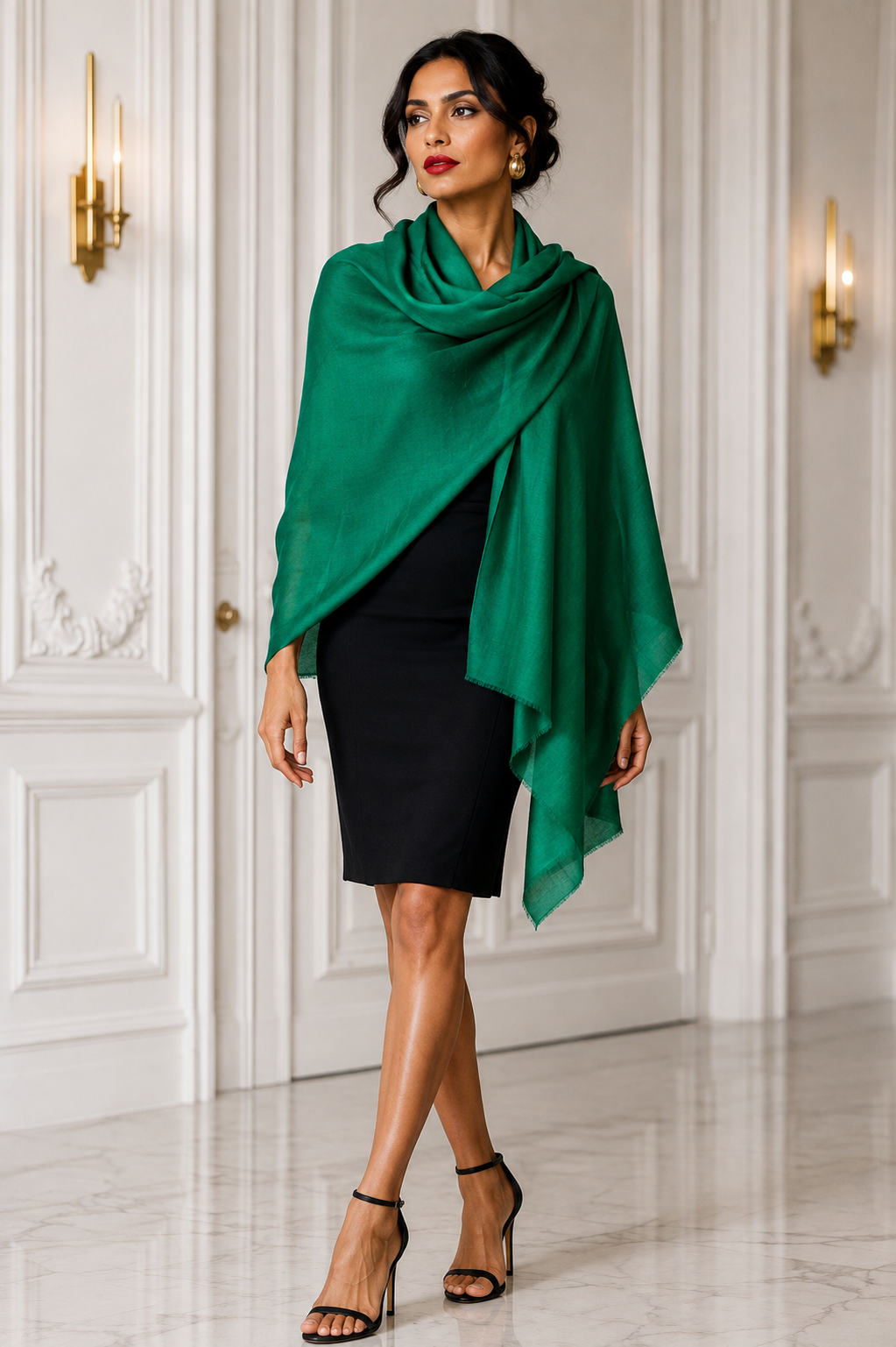 A bright green cashmere shawl handwoven