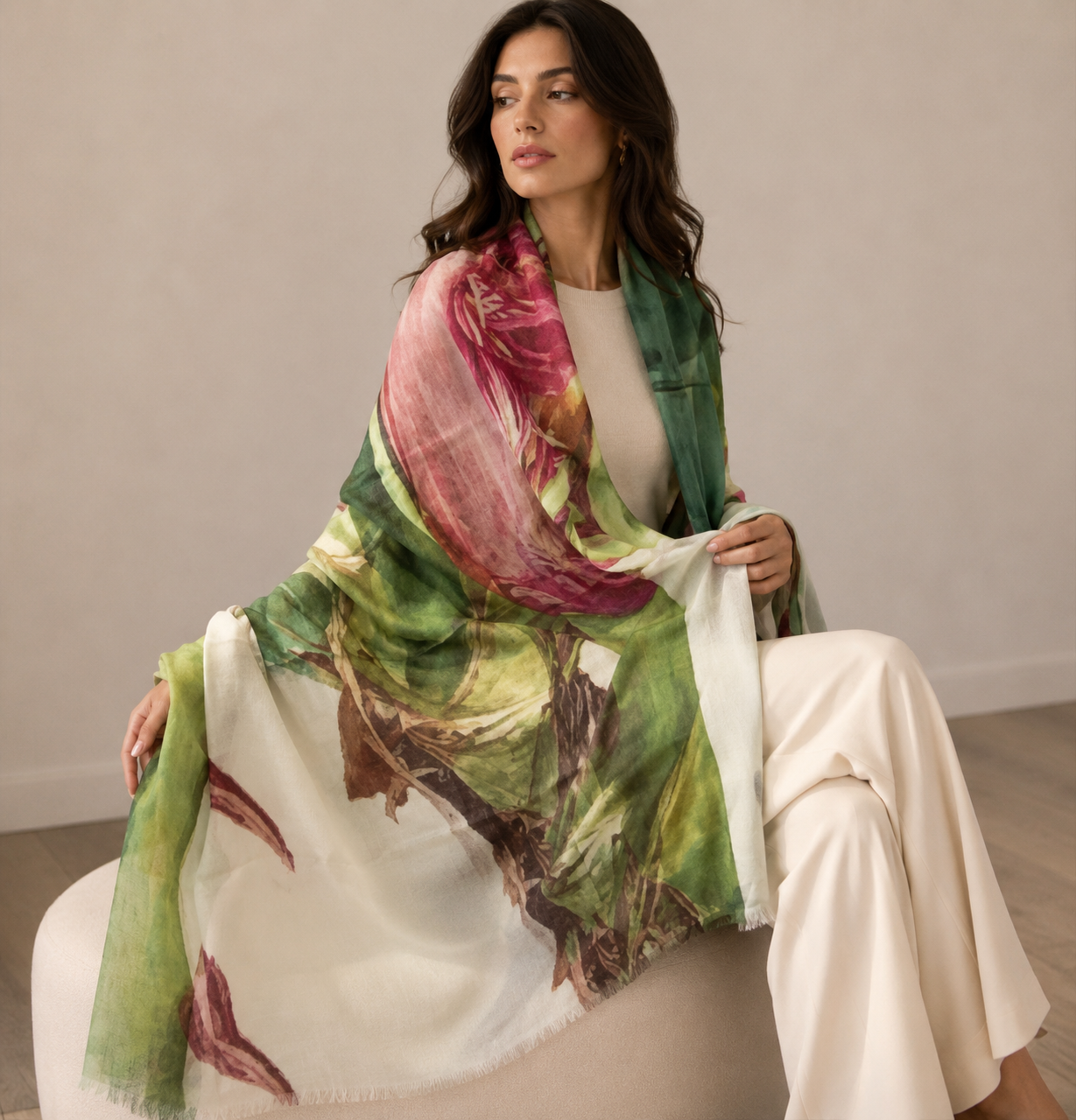 A woman seated indoors wearing a large lightweight scarf with a botanical print in green, pink, white, and brown tones over a cream outfit.