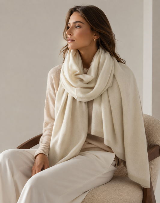 "Luxury knitted cashmere shawl in ivory cream, styled as an oversized looped wrap over a matching cashmere sweater — seated editorial pose"