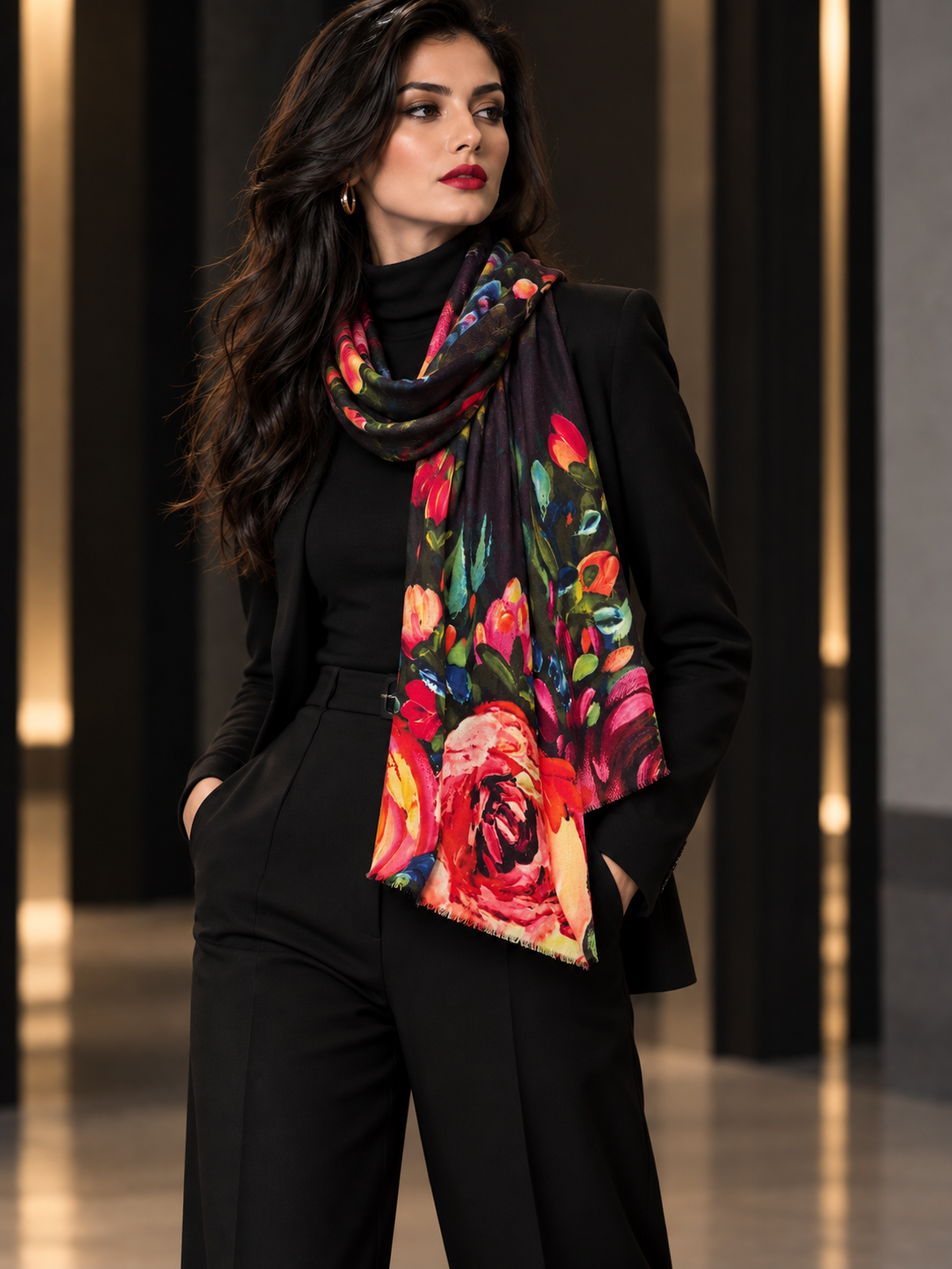 A woman wearing a black turtleneck, black blazer, and black trousers, styled with a vibrant multicolor floral scarf featuring large red, pink, and yellow roses on a dark background.