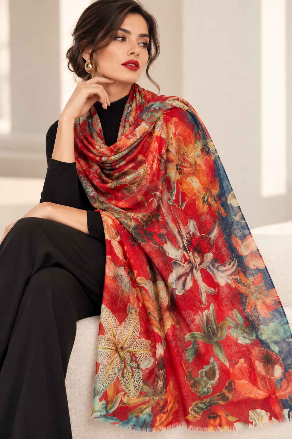 A woman wearing a black outfit and gold earrings is seated indoors, draped with a large multicolored floral shawl or scarf in red, orange, blue, beige, and green tones.