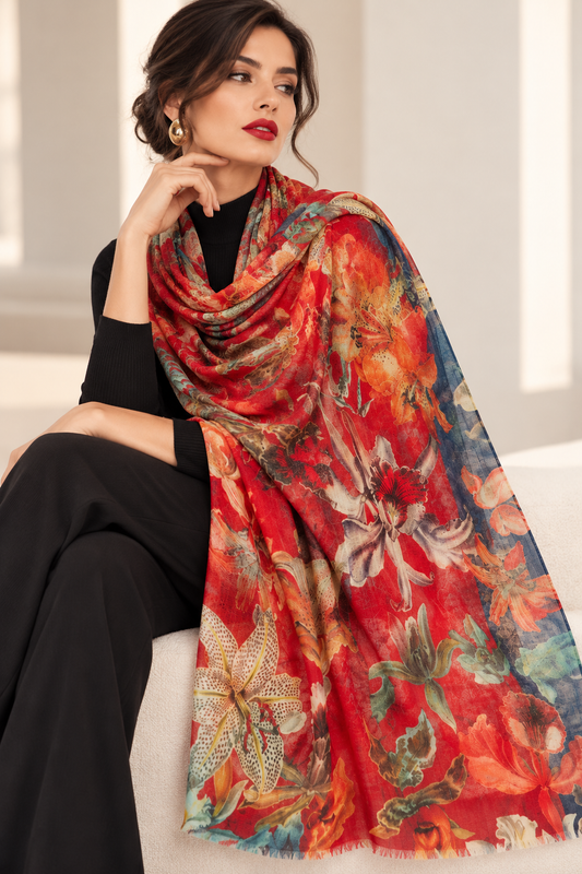 A woman wearing a black outfit and gold earrings is seated indoors, draped with a large multicolored floral shawl or scarf in red, orange, blue, beige, and green tones.