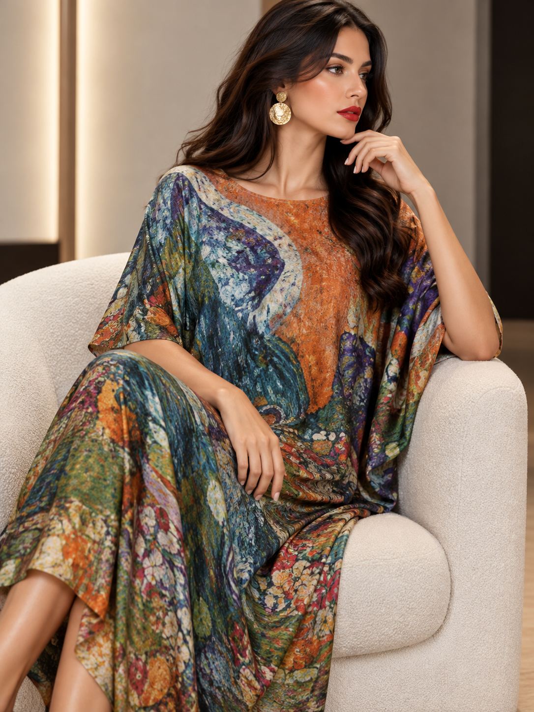 A woman wearing a loose, flowing kaftan dress with a multicolor abstract floral print, seated on a cream-colored armchair.