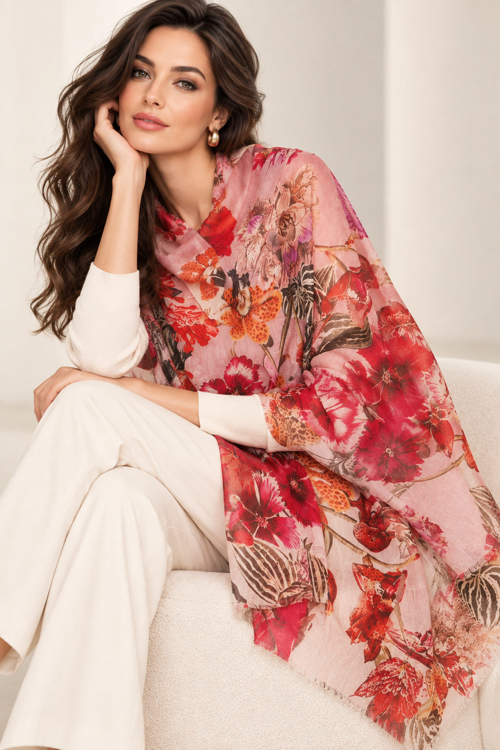 A woman seated on a light beige sofa wearing a large pink floral shawl or wrap with red, orange, and brown botanical print over a white outfit.