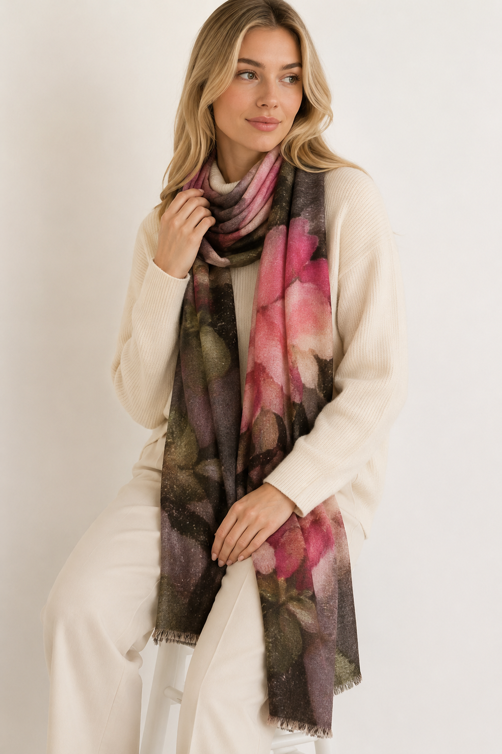A woman wearing a cream-colored knit sweater and matching pants, draped with a long, lightweight scarf featuring a watercolor-style floral pattern in pink, purple, and olive green.