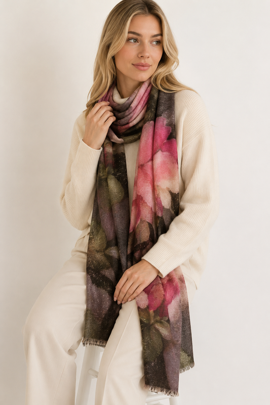 A woman wearing a cream-colored knit sweater and matching pants, draped with a long, lightweight scarf featuring a watercolor-style floral pattern in pink, purple, and olive green.