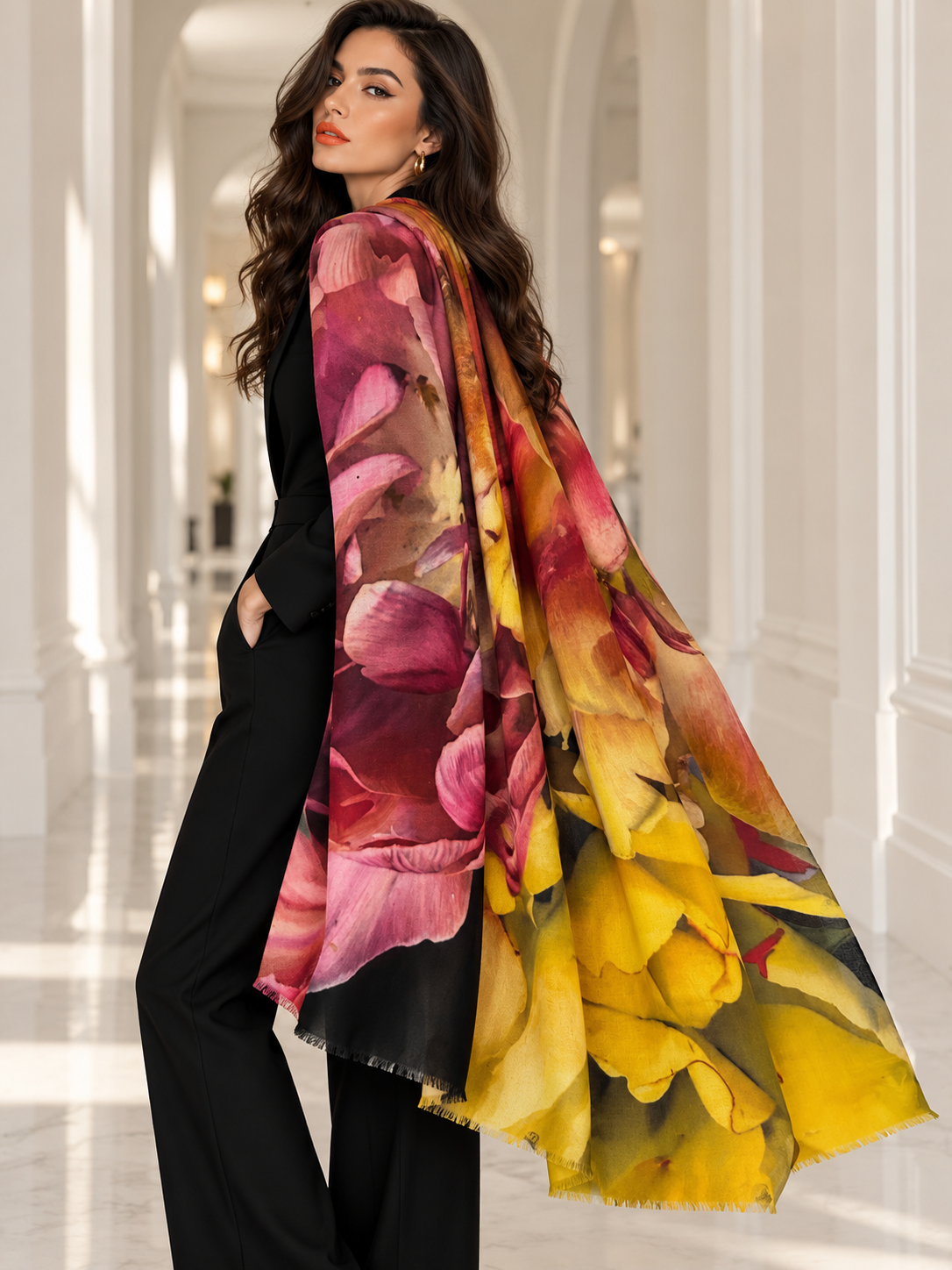 A woman in a black outfit models a large, semi-sheer scarf with a vibrant floral print of pink peonies and yellow tulips in a bright, sunlit hallway.