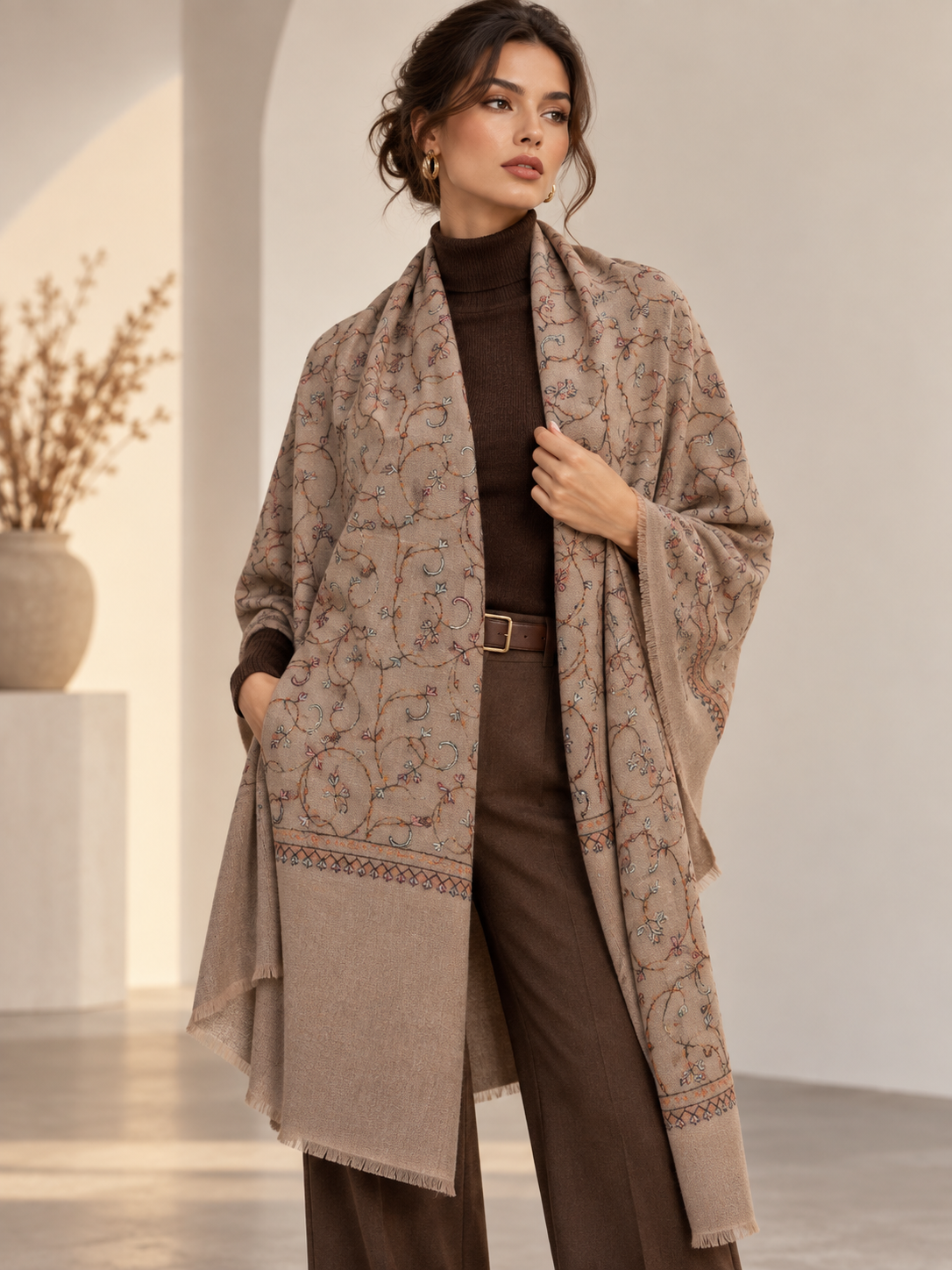 A woman models a long beige shawl with an intricate floral and vine pattern in muted blue, brown, and red tones, styled over a dark brown turtleneck and brown wide-leg trousers in a bright, modern indoor setting.