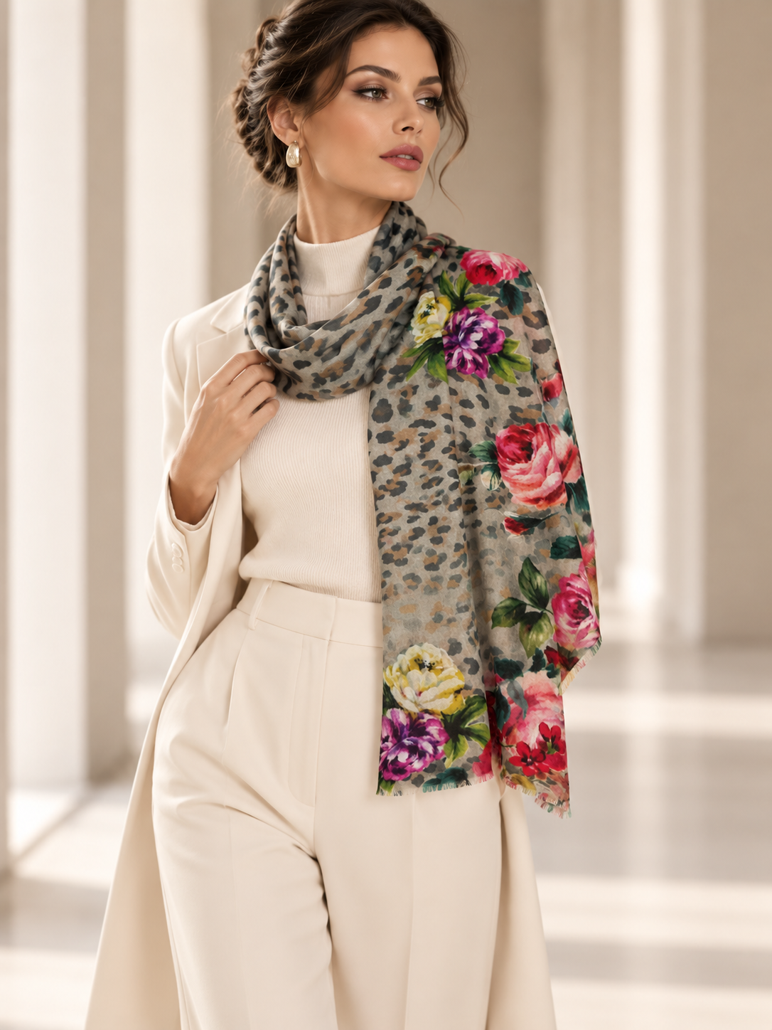 A woman models a lightweight scarf featuring a leopard print base with large pink, purple, and yellow floral prints, styled over a cream-colored outfit.