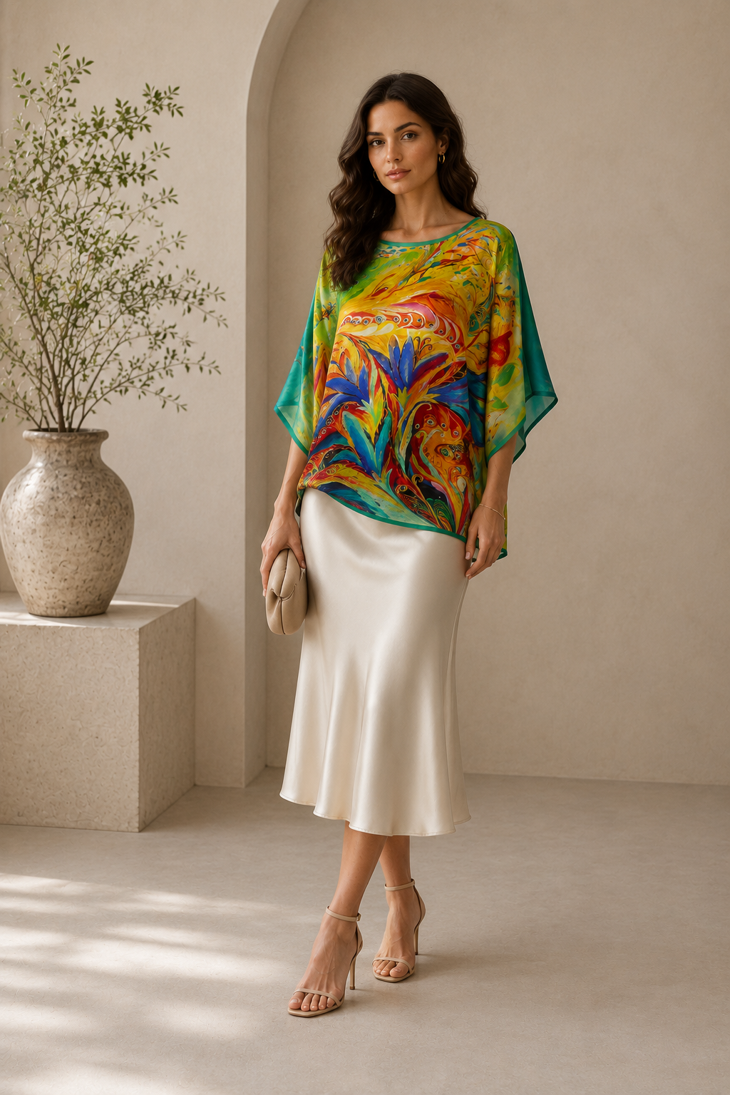 "Printed silk tunic with abstract expressionist multicolour swirl print — oversized batwing silhouette, editorial lifestyle shot