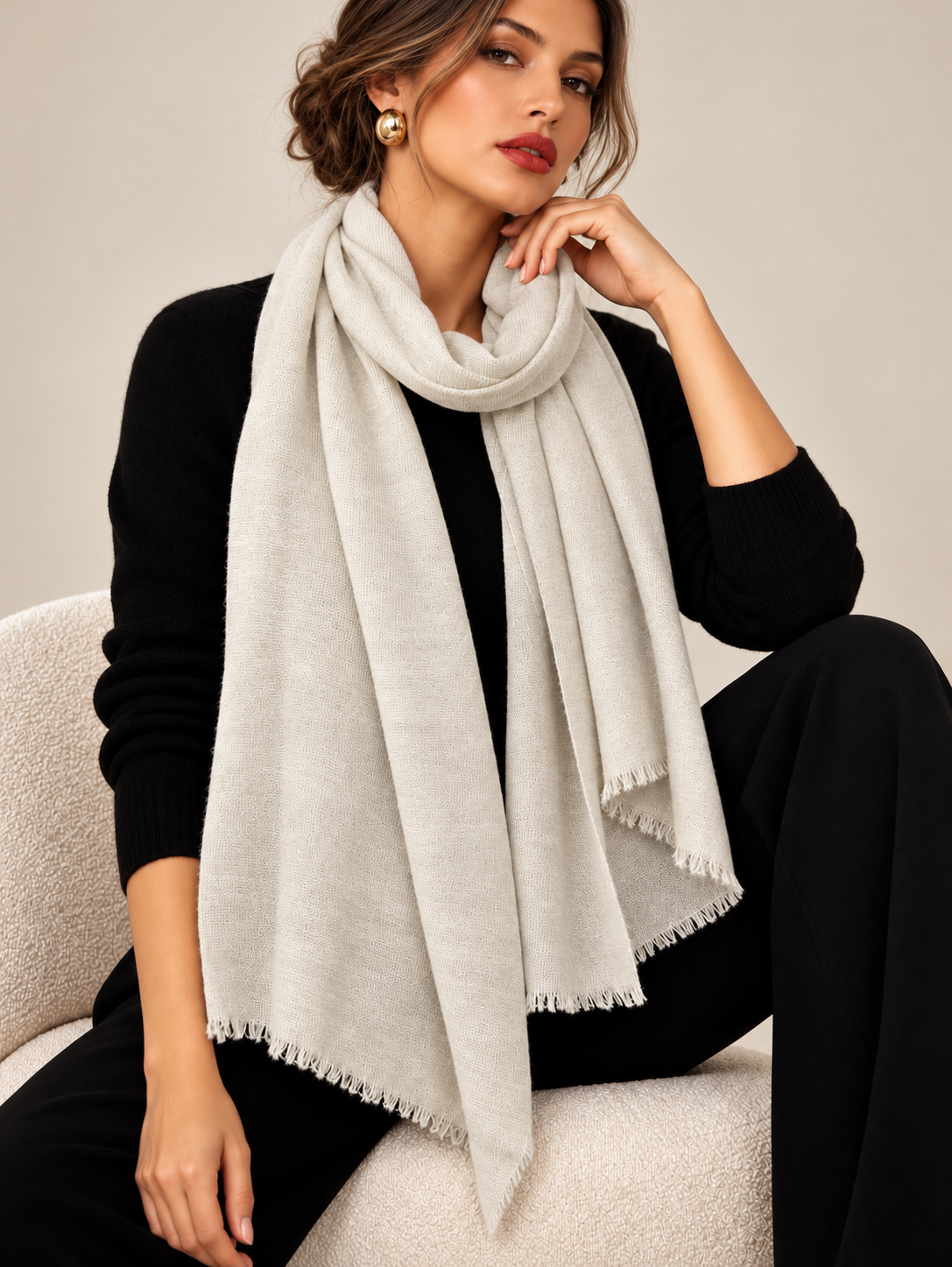 A woman wearing a large, soft off-white knit scarf with fringed edges, styled over a black sweater and black pants, sitting on a light beige armchair against a neutral beige background.