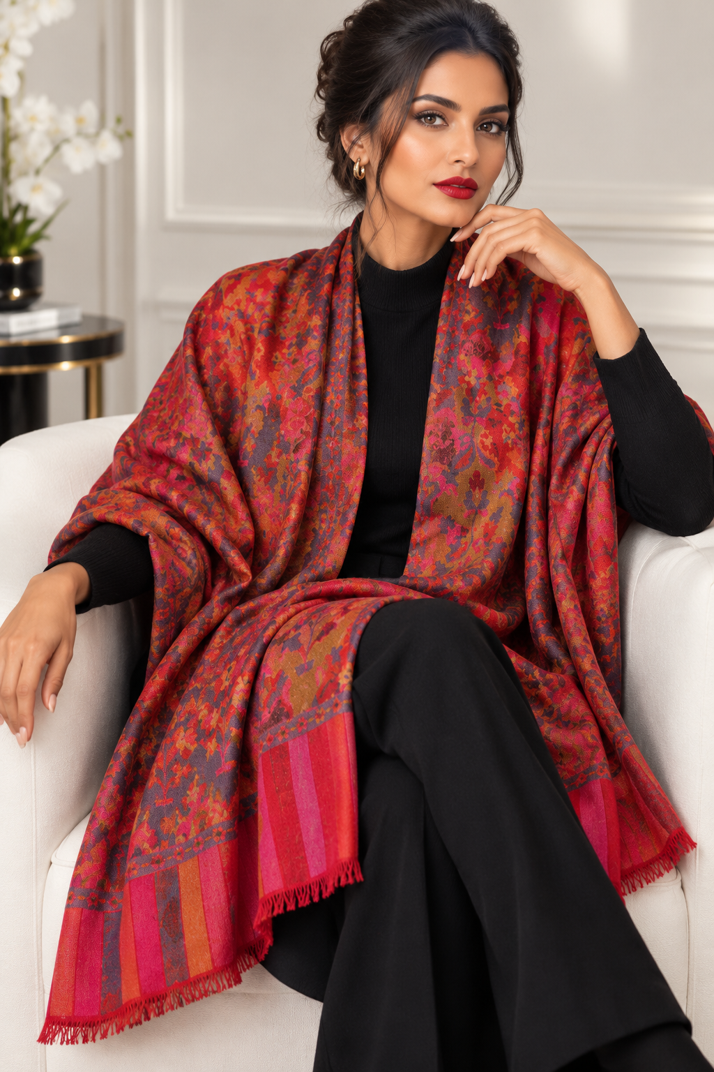 A woman seated on a white armchair wearing a large patterned shawl draped over her shoulders. The shawl has a warm red-orange base with intricate floral and paisley-like motifs in pink, purple, and blue, finished with a fringed edge.