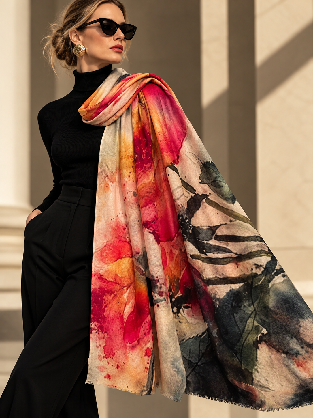 A woman wearing a black turtleneck and wide-leg trousers models a large, lightweight scarf with a vibrant watercolor floral print in red, orange, pink, and dark green on a cream background.