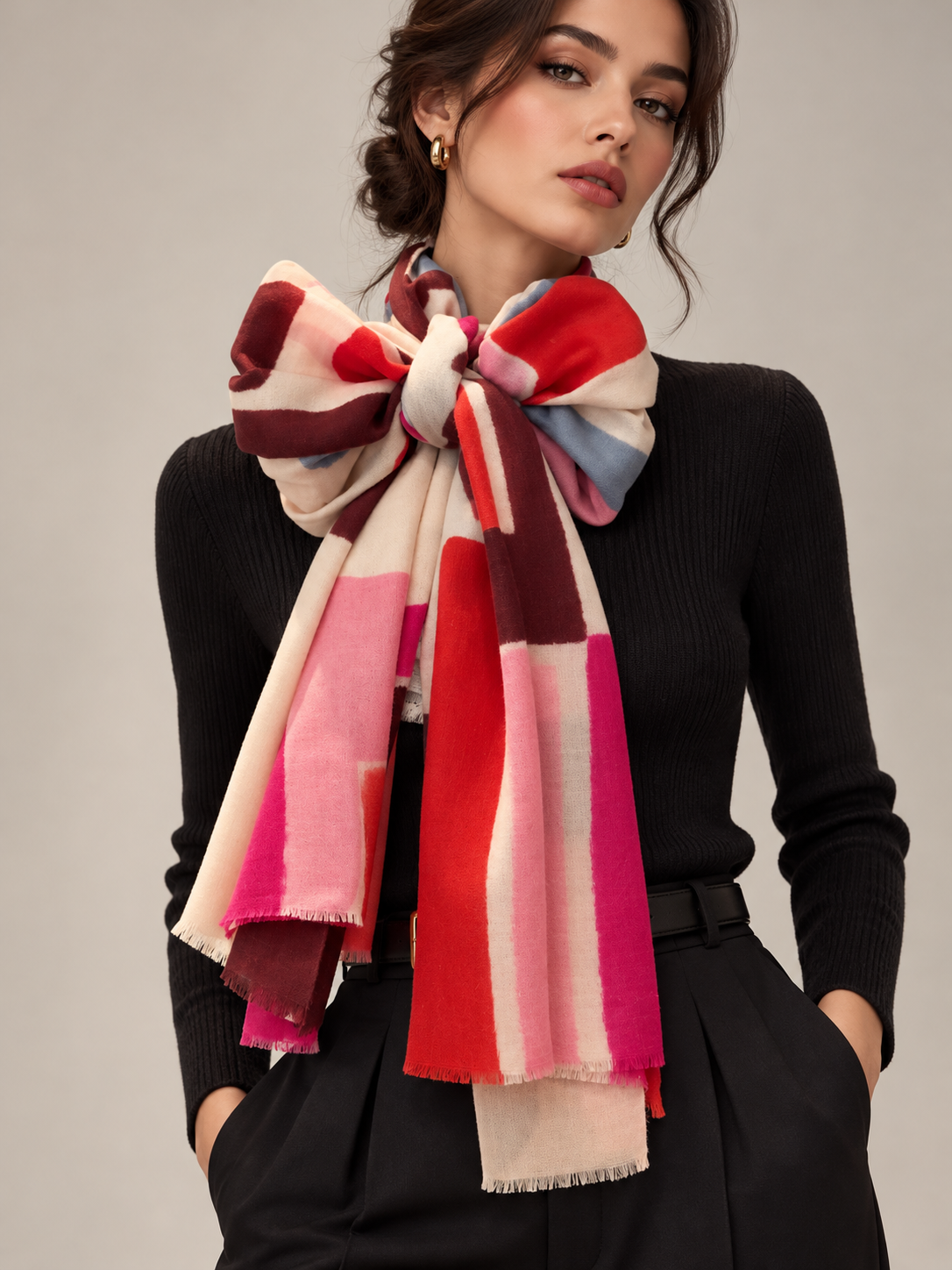 A beautiful cashmere scarf worn by a model