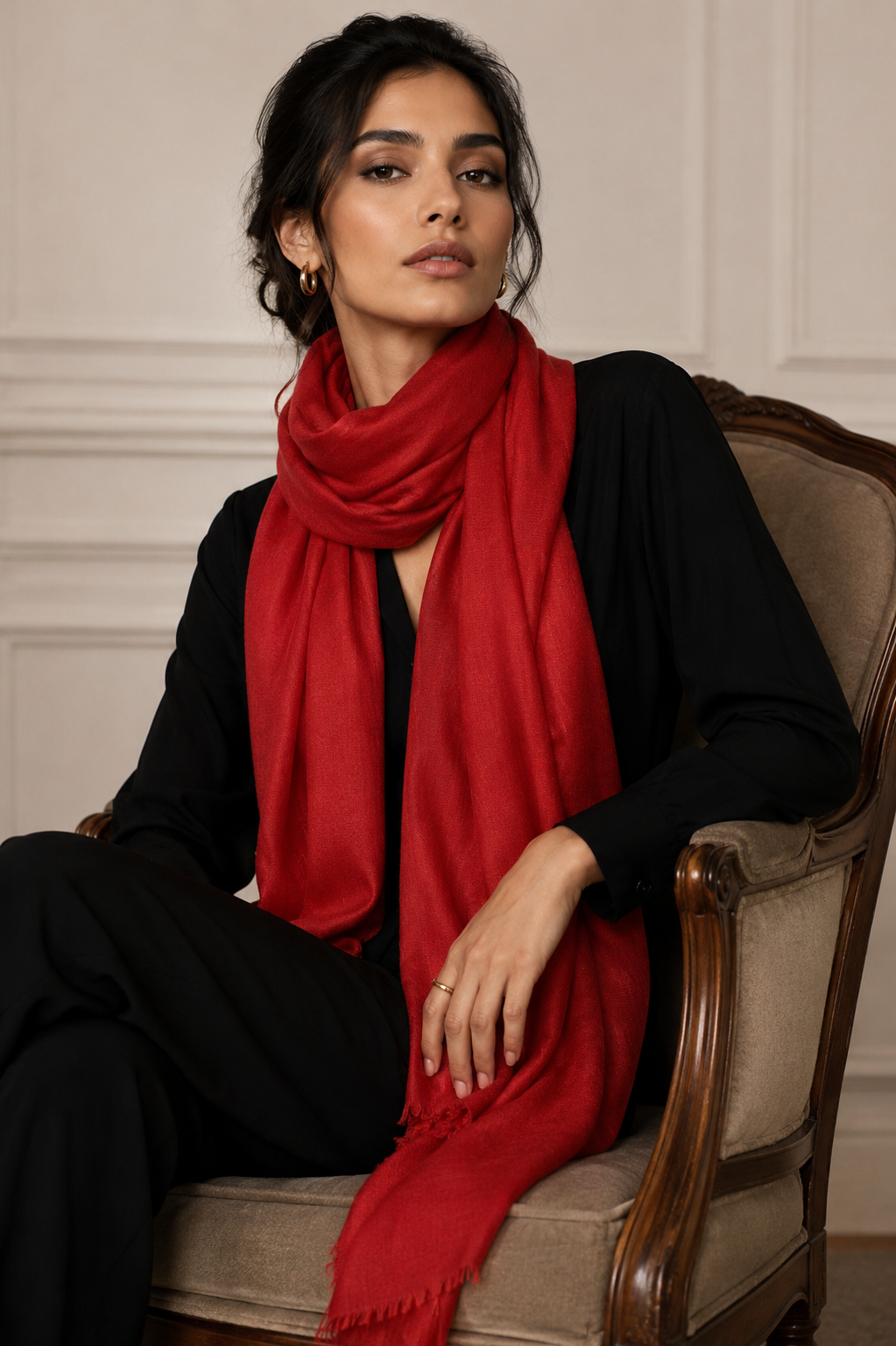A beautiful red handwoven lightweight cashmere shawl