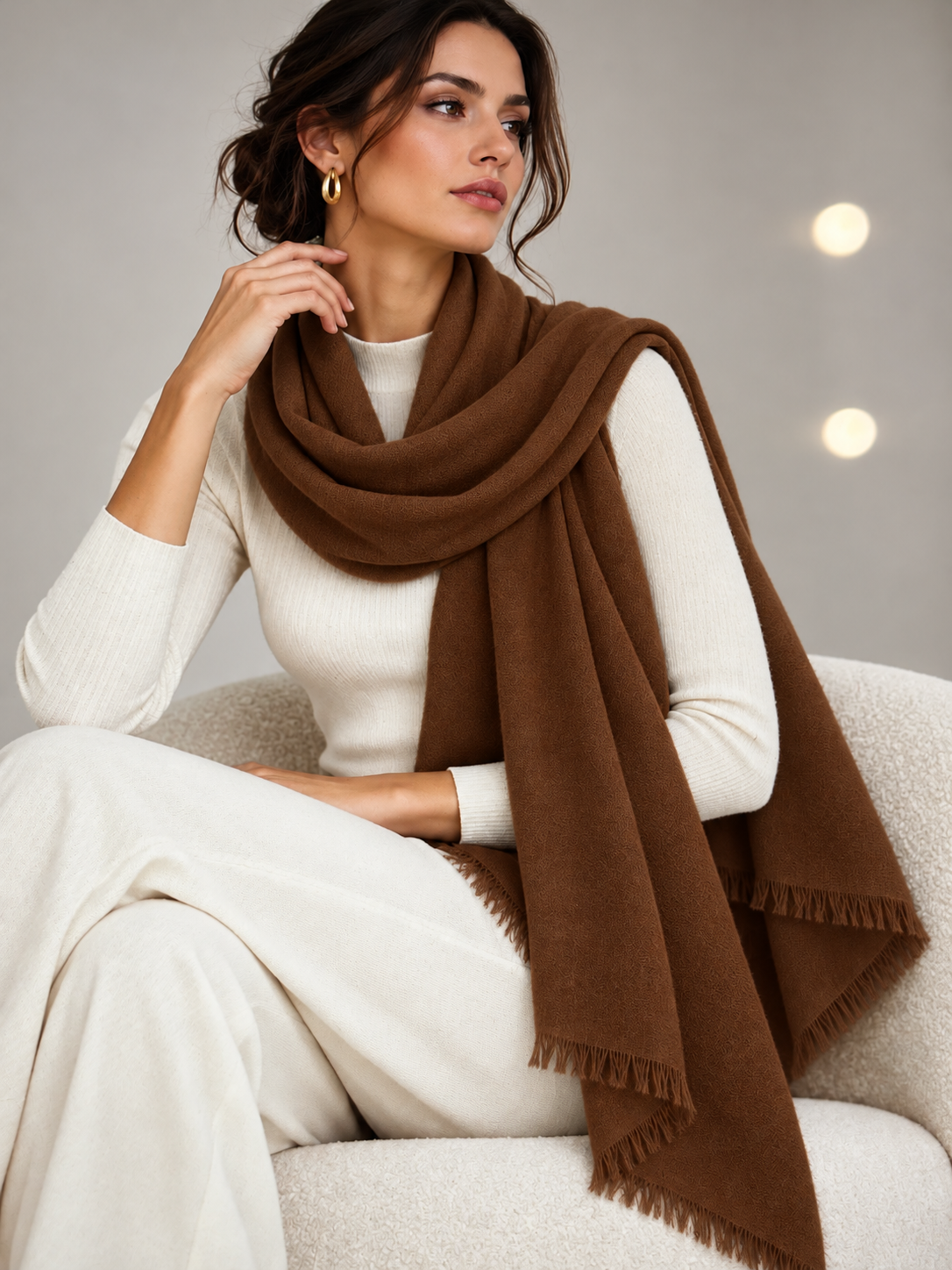 A woman seated on a light upholstered chair wearing a cream ribbed sweater and matching pants, with a large brown fringed scarf wrapped around her shoulders.