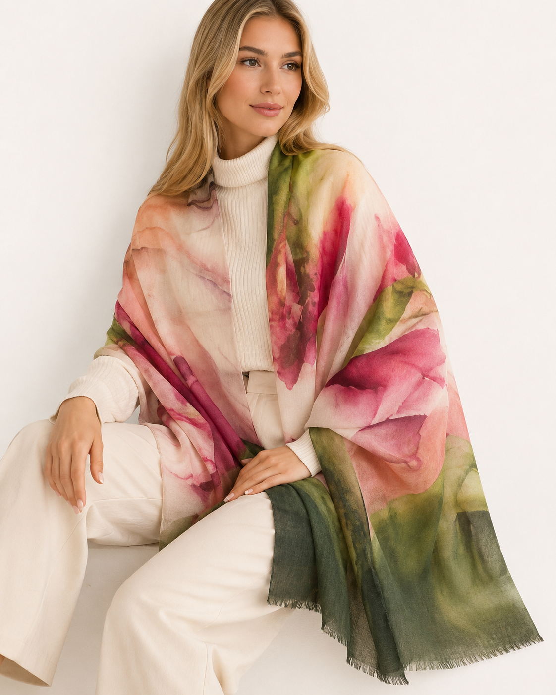 A woman seated against a plain light background wearing a large lightweight shawl draped over her shoulders. The shawl has a watercolor floral pattern in pink, green, peach, and cream tones, with fringed edges.