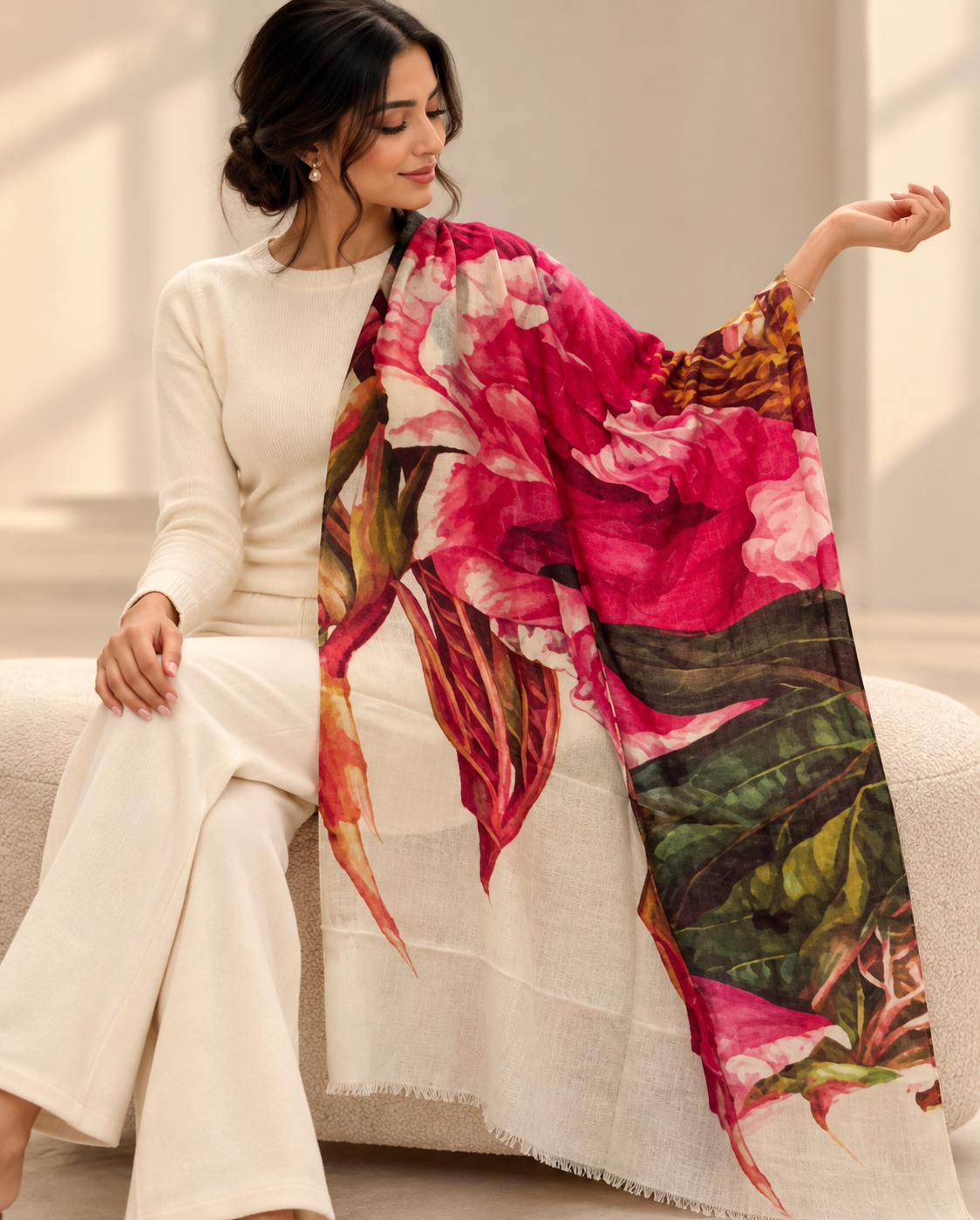 A woman seated on a light beige sofa wearing a cream-colored outfit and holding a large, lightweight scarf draped over her lap. The scarf features a vibrant floral print with prominent pink flowers, green leaves, and warm orange-brown accents.