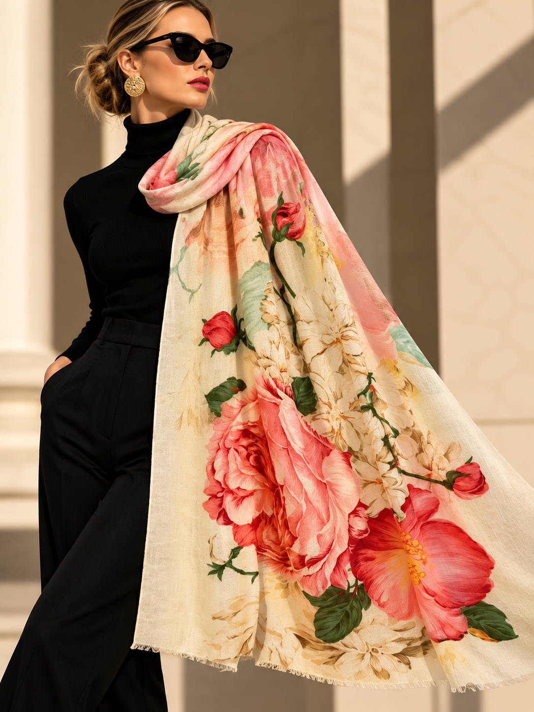 A woman in a black outfit and sunglasses models a lightweight cream scarf with a large pink and red floral print, set against a warm architectural background.