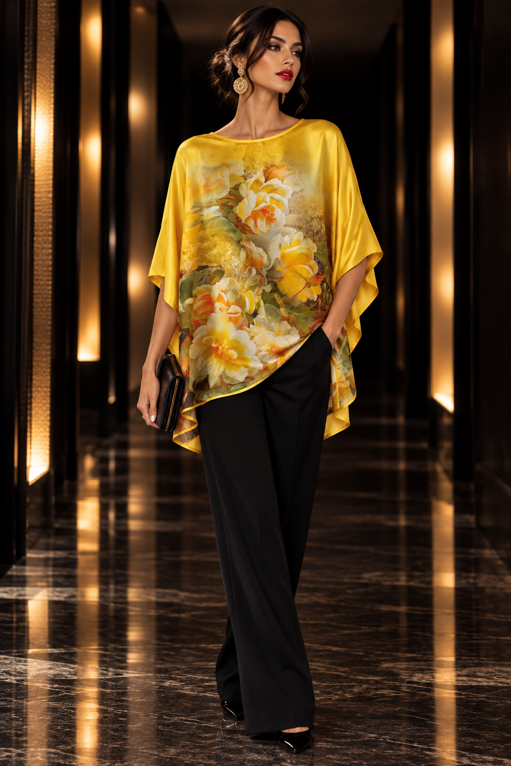 A woman walks down a luxury hallway wearing a bright yellow satin top with a large yellow and orange floral print, paired with black wide-leg trousers.