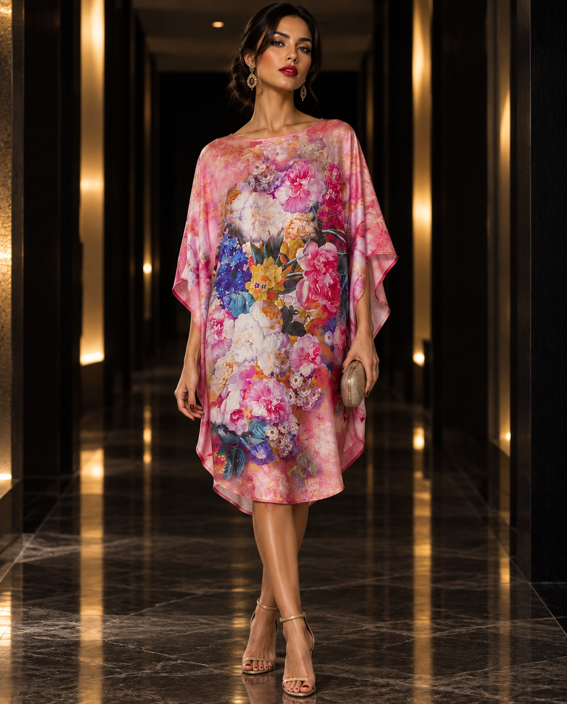 A woman models a pink floral kaftan dress in a luxurious hallway with warm lighting. The dress features a vibrant, painterly floral pattern with pink, blue, yellow, and white tones.