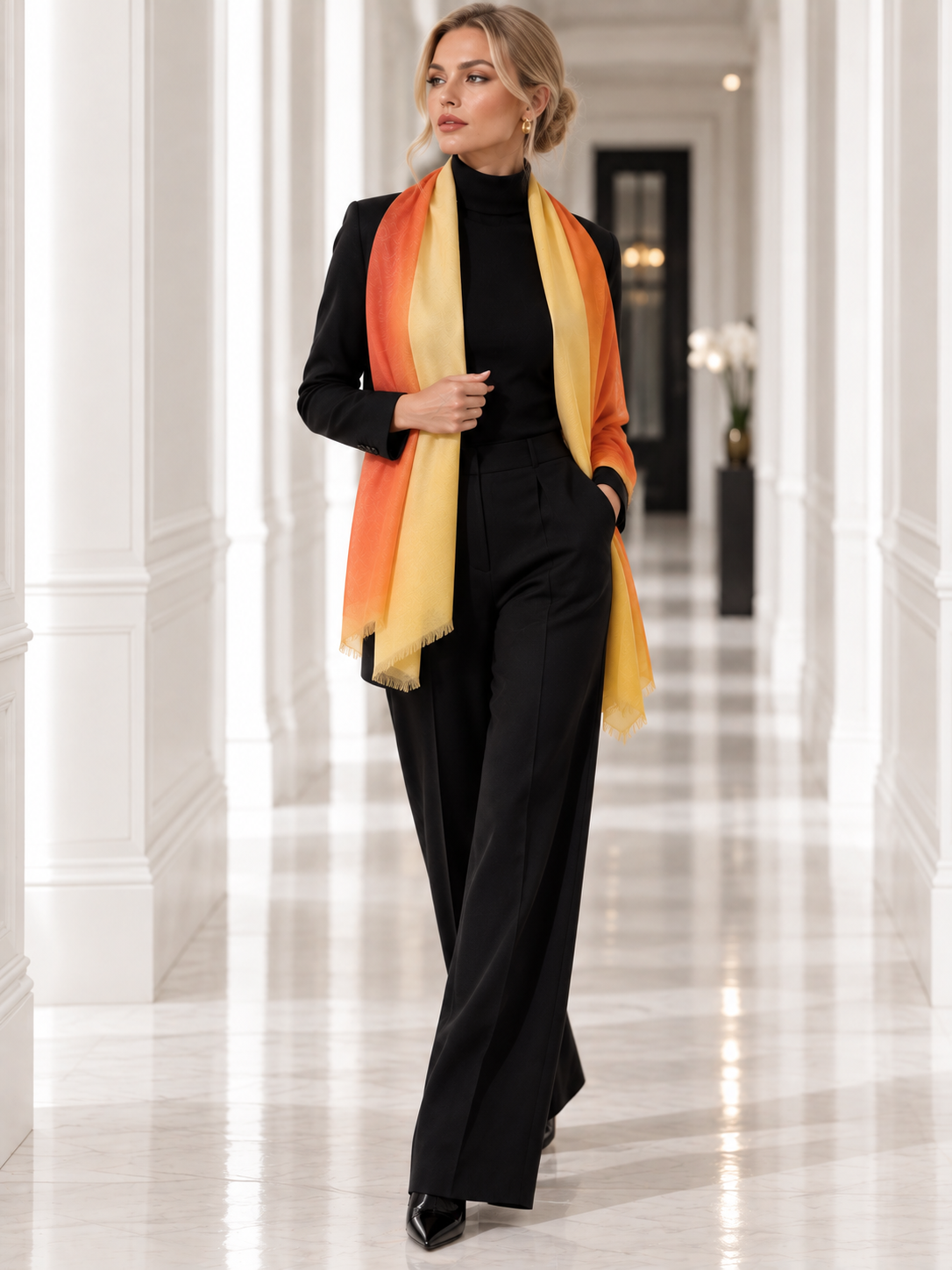 A woman models a black pantsuit with a vibrant orange, yellow, and gold striped scarf draped over her shoulders, set in a bright, elegant hallway with white columns.