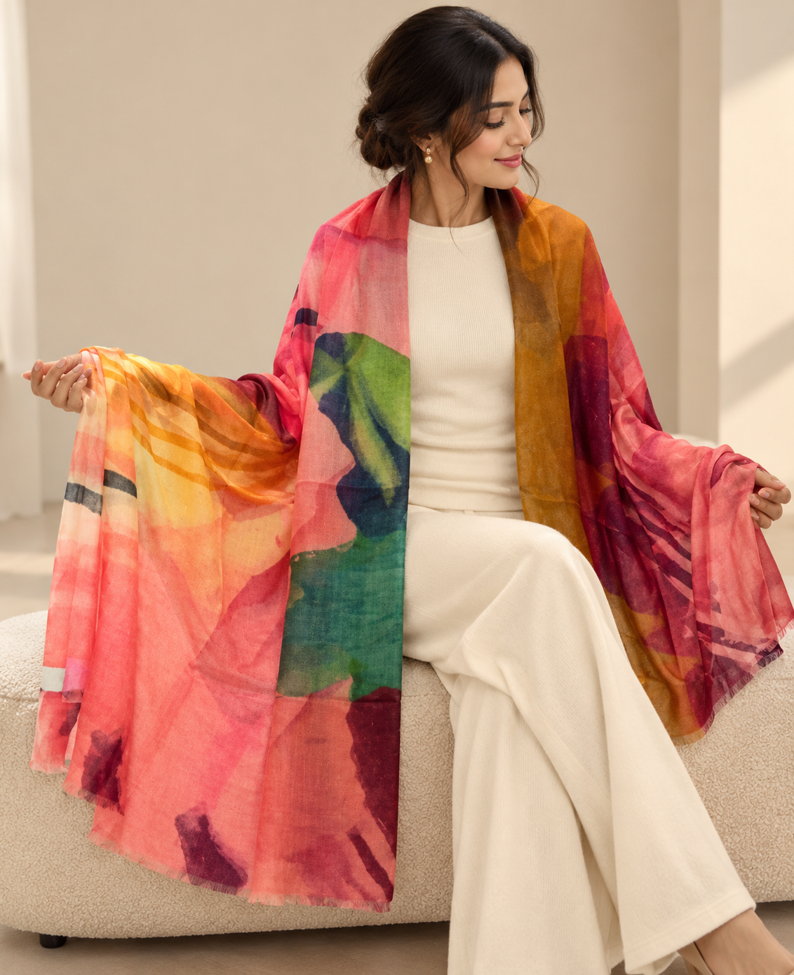 A woman seated on a beige sofa wearing a cream outfit and draped over her shoulders is a large lightweight scarf with an abstract watercolor print in pink, orange, yellow, green, and purple tones.