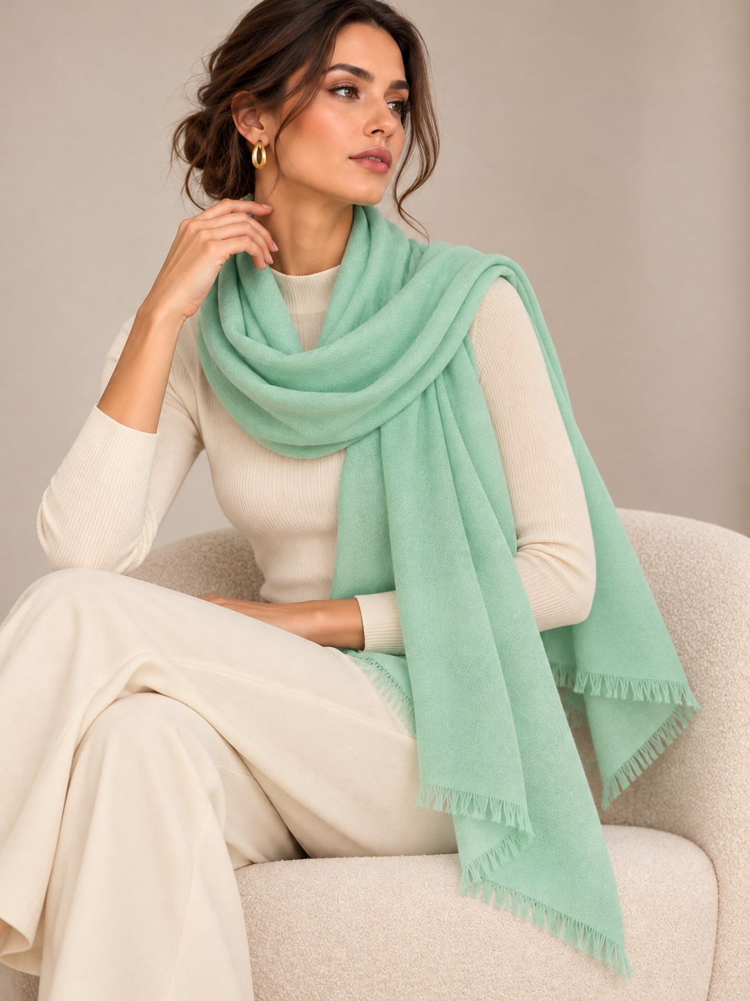 A woman seated on a light beige armchair wearing a soft mint green scarf draped over a cream long-sleeve top and matching pants, against a neutral beige studio background.