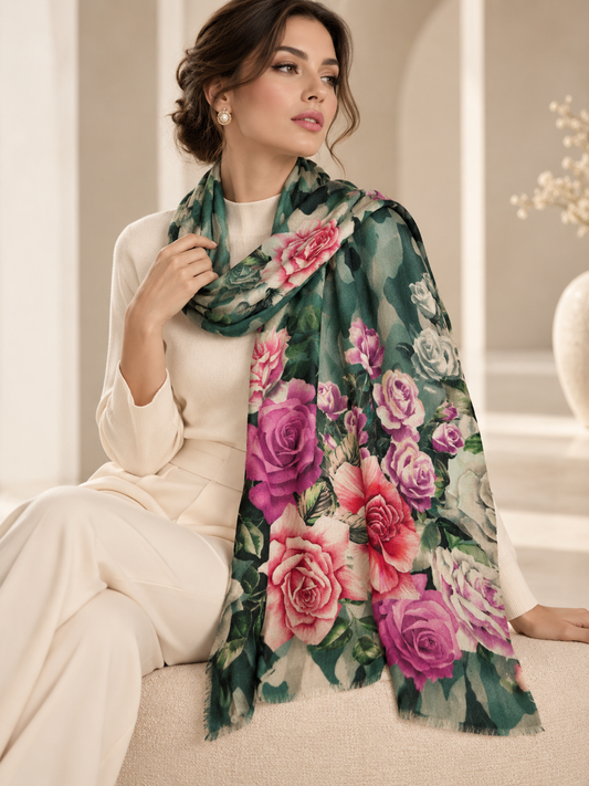 A woman in a cream-colored outfit sits on a beige sofa, modeling a large floral scarf with pink and purple roses on a dark green background.