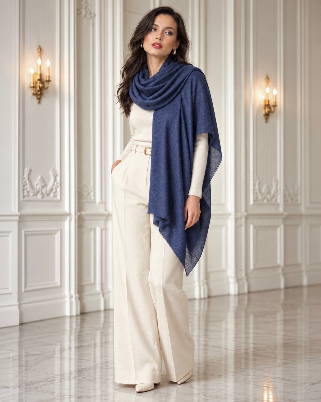 A woman stands in a bright, elegant hallway wearing a navy blue draped shawl over a cream-colored outfit. The setting features classic white paneled walls and gold wall sconces.