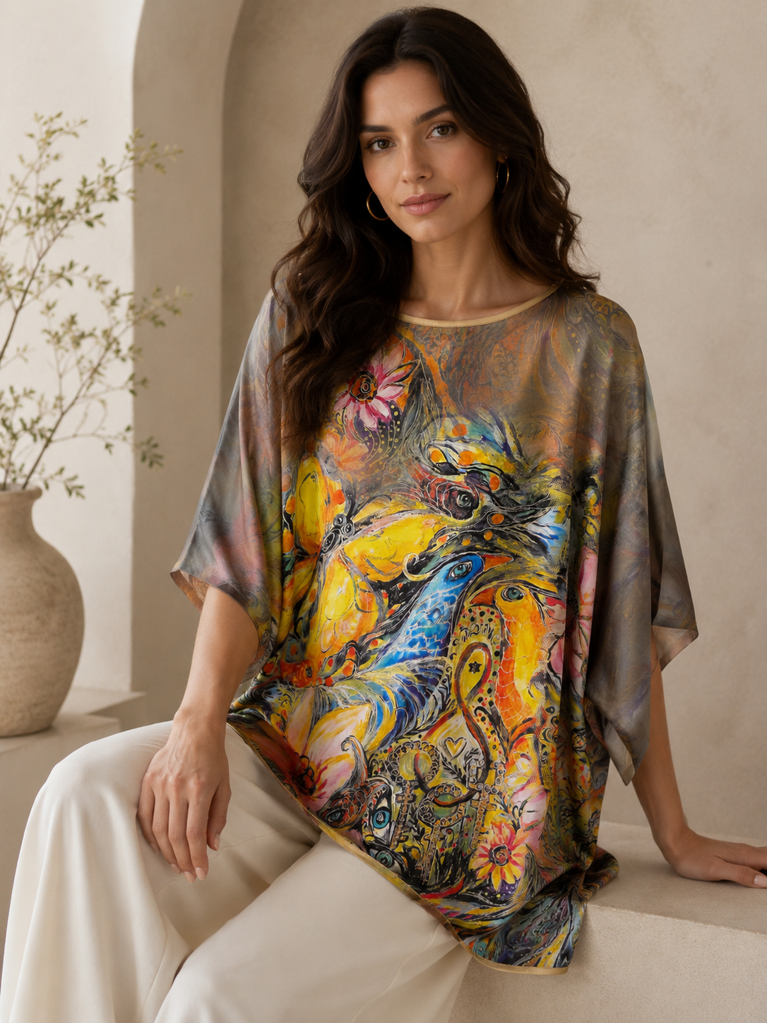 "Printed silk tunic with vibrant fantasy folk art print featuring horses, peacock, and hamsa motifs in yellow, blue, and taupe — oversized batwing fit, seated