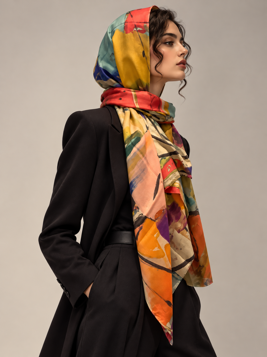 A beautiful cashmere patterned scarf worn by model
