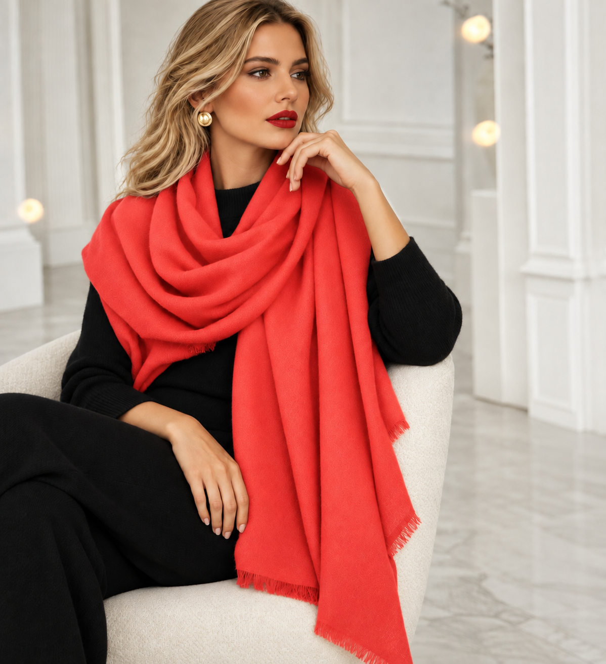 A woman seated in a white armchair wearing a bright coral-red shawl over a black outfit, with a softly lit elegant interior in the background.