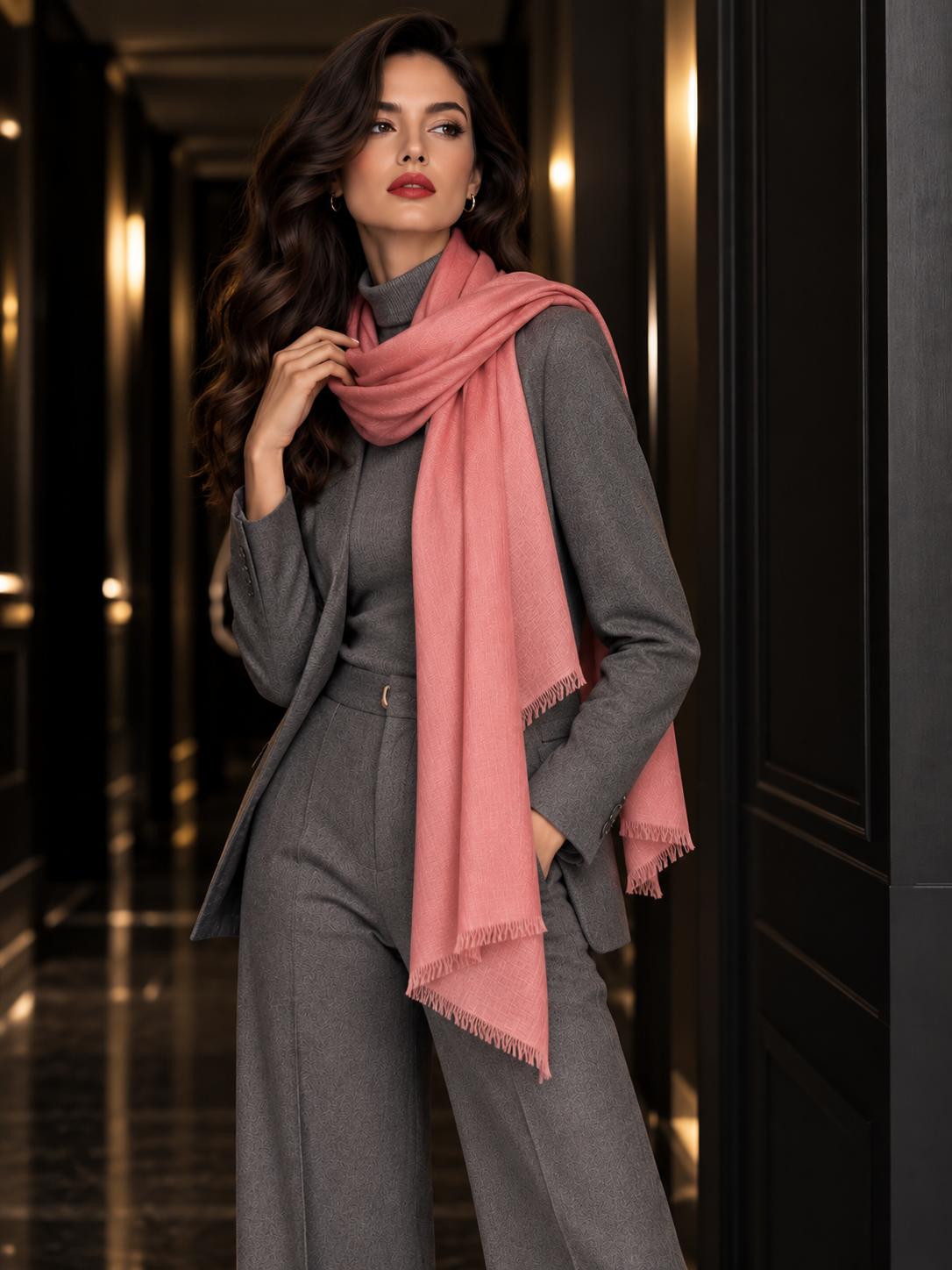 A woman modeling a dusty pink scarf with fringed edges over a gray turtleneck, blazer, and wide-leg trousers, standing in a dimly lit hallway.