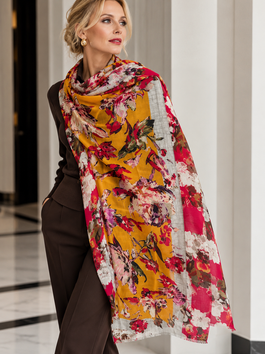A lovely scarf in floral worn by a model