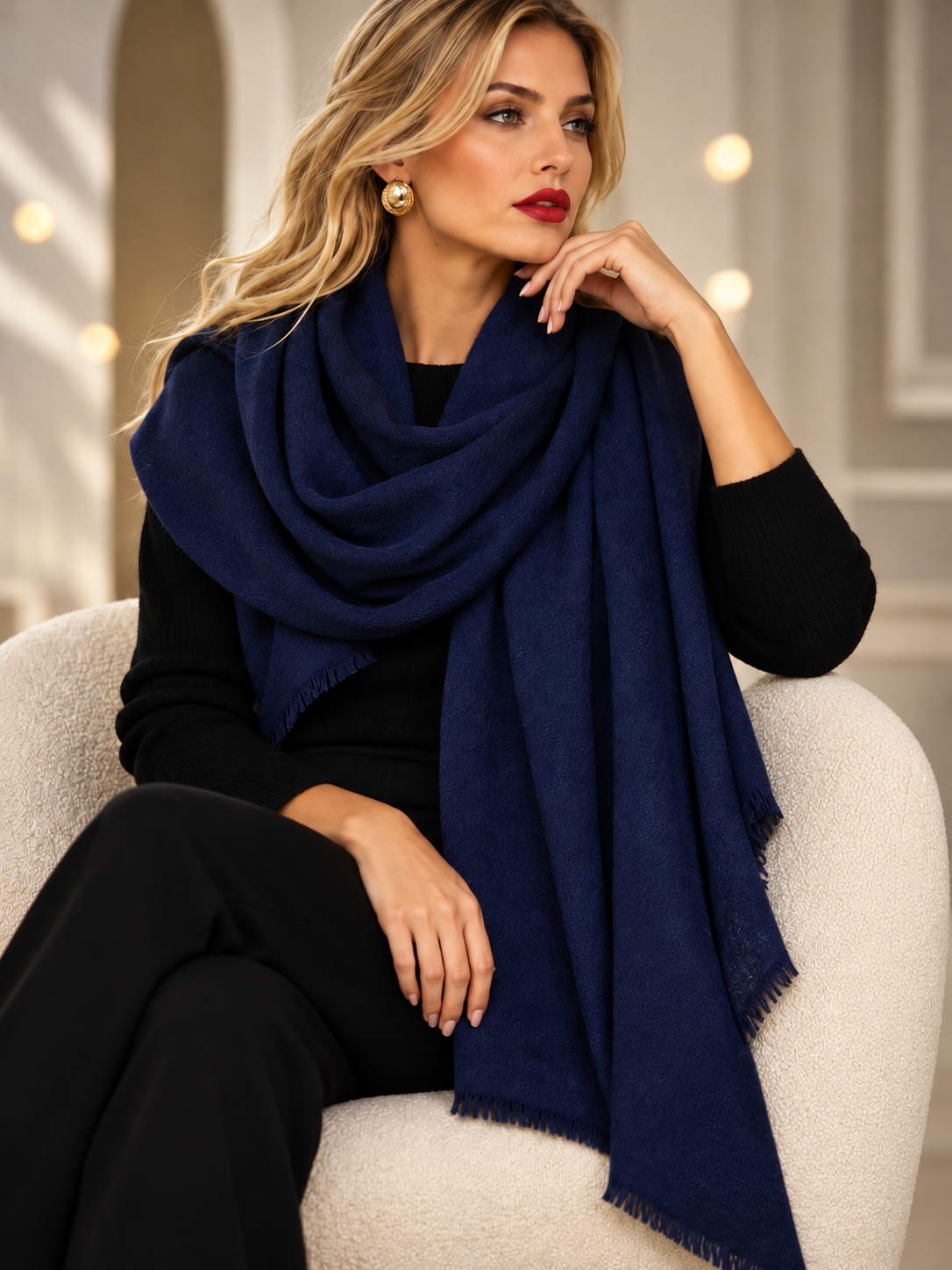 A woman seated in a cream-colored armchair, wearing a large navy blue shawl draped over her shoulders and black clothing.