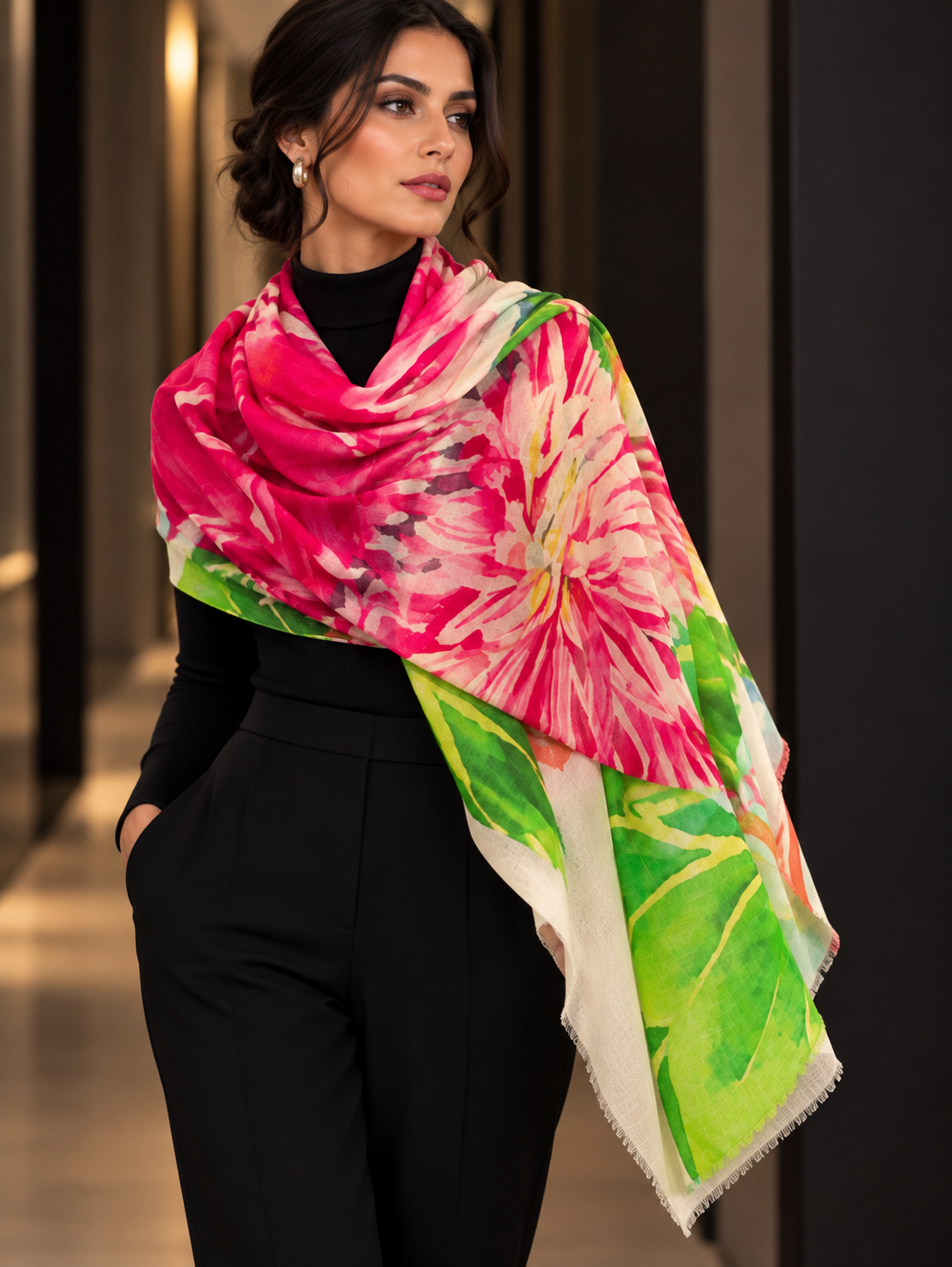 A woman wearing a black outfit and a large, vibrant floral scarf with pink, green, and white tones, standing in a dimly lit hallway.