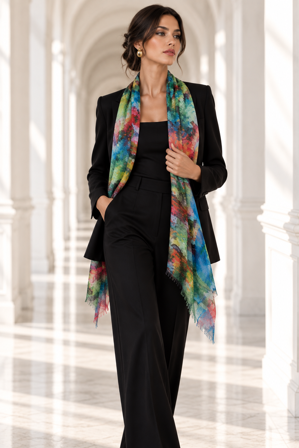 A woman models a vibrant multicolor tie-dye scarf with fringed edges, styled over a black blazer and matching black pants in a bright, sunlit classical hallway.